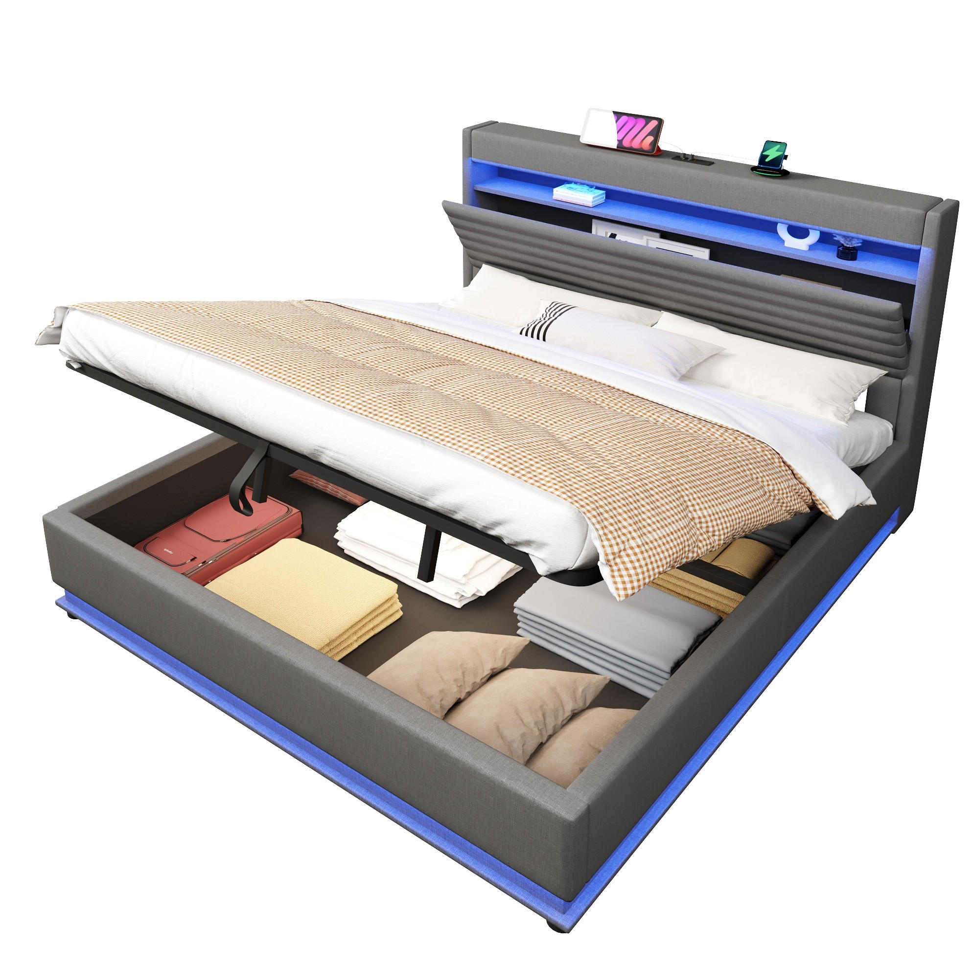 POLSTERBETT 180/200 cm mit LED-Beleuchtung, USB- und Typ-C-Anschluss, hydraulischem Stauraum und Leinenbezug, Grau - Grau, Textil (180/200cm) - Redom