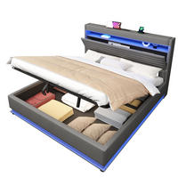 POLSTERBETT 180/200 cm mit LED-Beleuchtung, USB- und Typ-C-Anschluss, hydraulischem Stauraum und Leinenbezug, Grau - Grau, Textil (180/200cm) - Redom