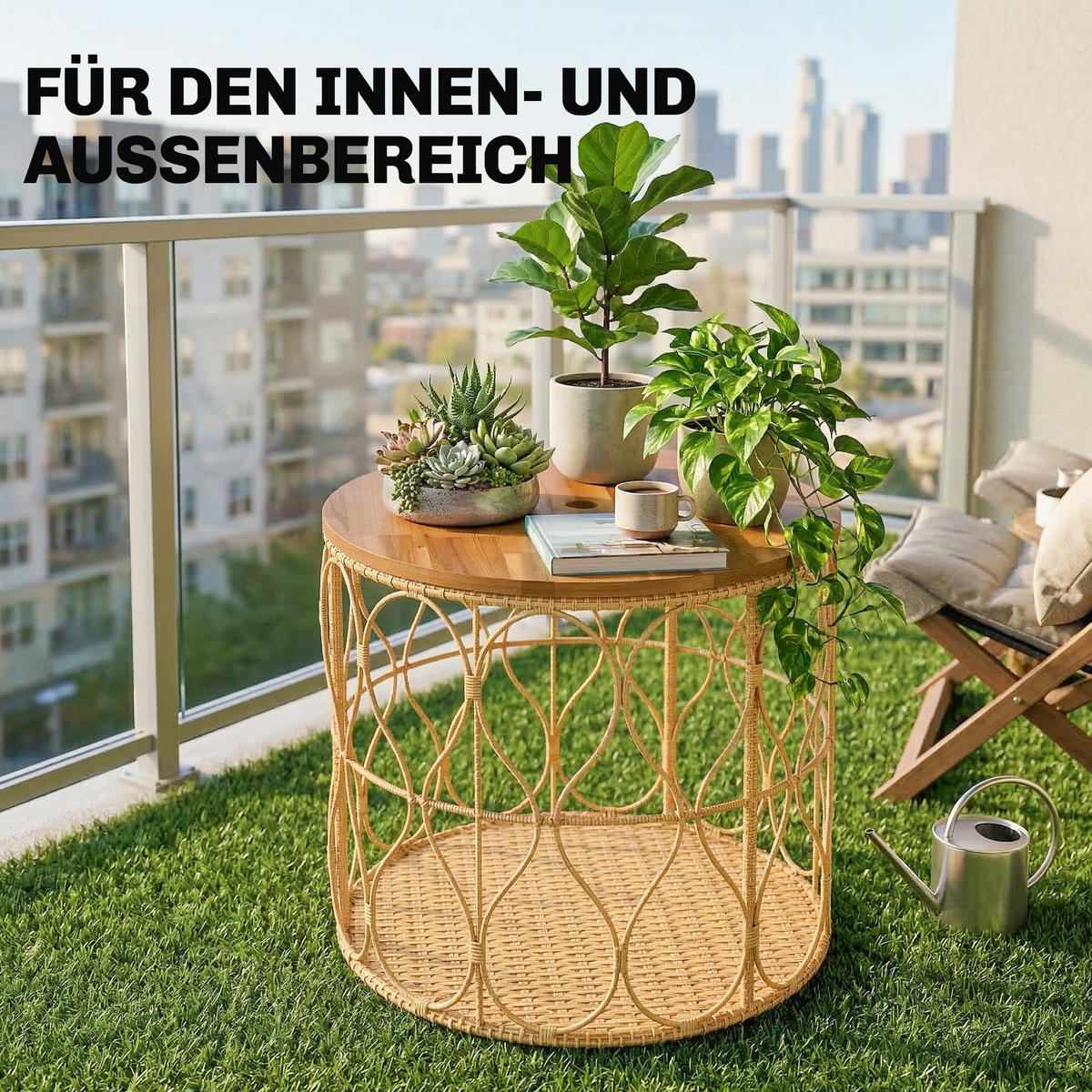 BEISTELLTISCH DE-07346 mit Rattanoptik und verstellbaren Füßen Teak - Teakfarben, Holz (50/50/47.5cm) - ComfortXL