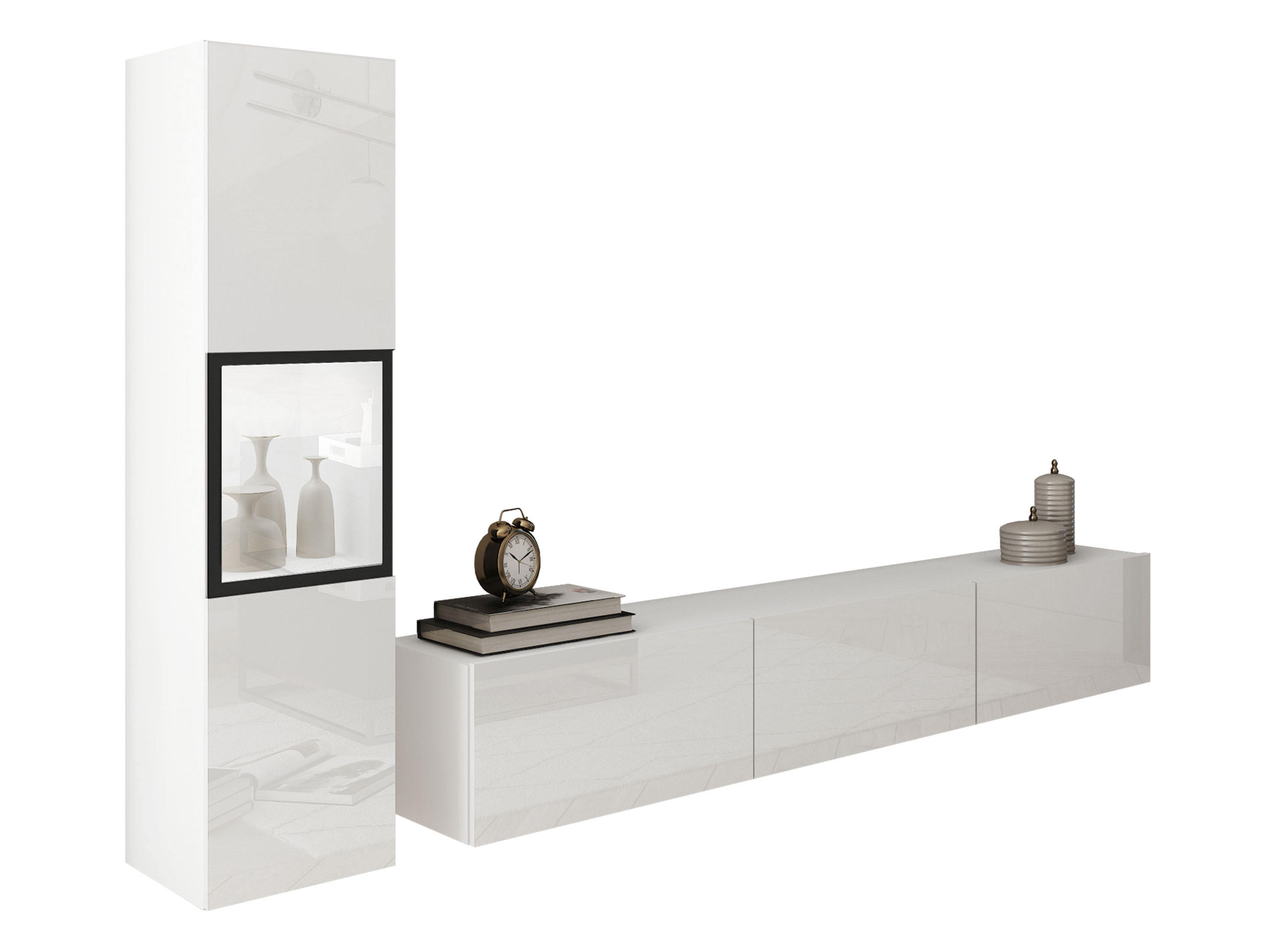 WOHNWAND Berlin I mit weißer LED Beleuchtung - Weiß Hochglanz/Alufarben, Holzwerkstoff/Kunststoff (180/30/33cm) - MIRJAN24