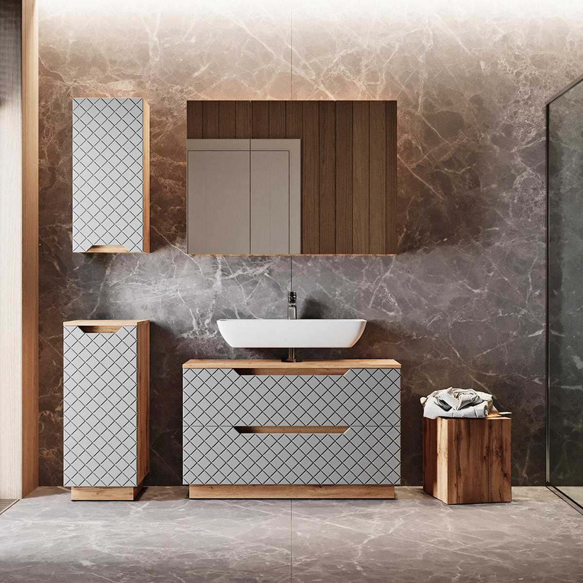 BADMÖBEL-SET Lotta Eiche/Grau mit Kachelstruktur 4 Teile - Eichefarben/Grau, Holzwerkstoff (99.4/62.5/32cm) - Vicco