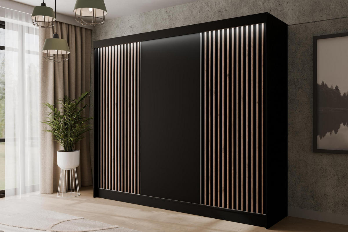 KLEIDERSCHRANK mit LED, Lamel-Schiebetüren VILANv2 - 250 cm Schwarz + Lamelle Eiche Wotan - Eiche Wotan/Schwarz, Holzwerkstoff (250/215/61cm) - ALTDECOR
