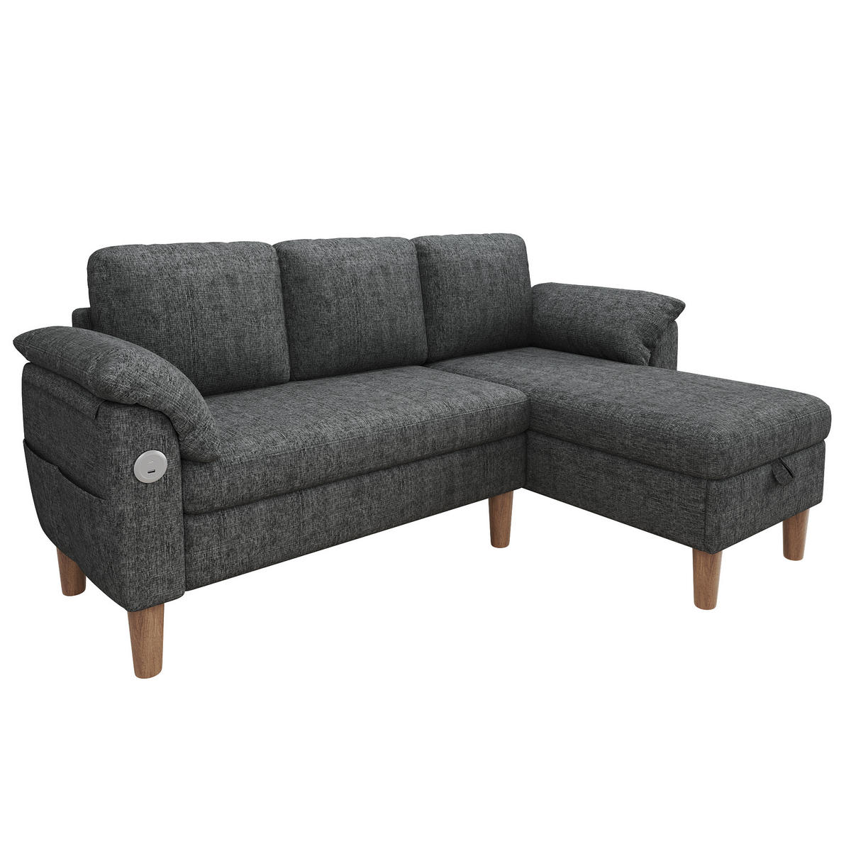 ECKSOFA 181/125/88 cm Dunkelgrau mit Stauraum-Chaiselongue und USB/Type-C-Ladeanschluss - Dunkelgrau, Textil (181/125cm) - Oxeza