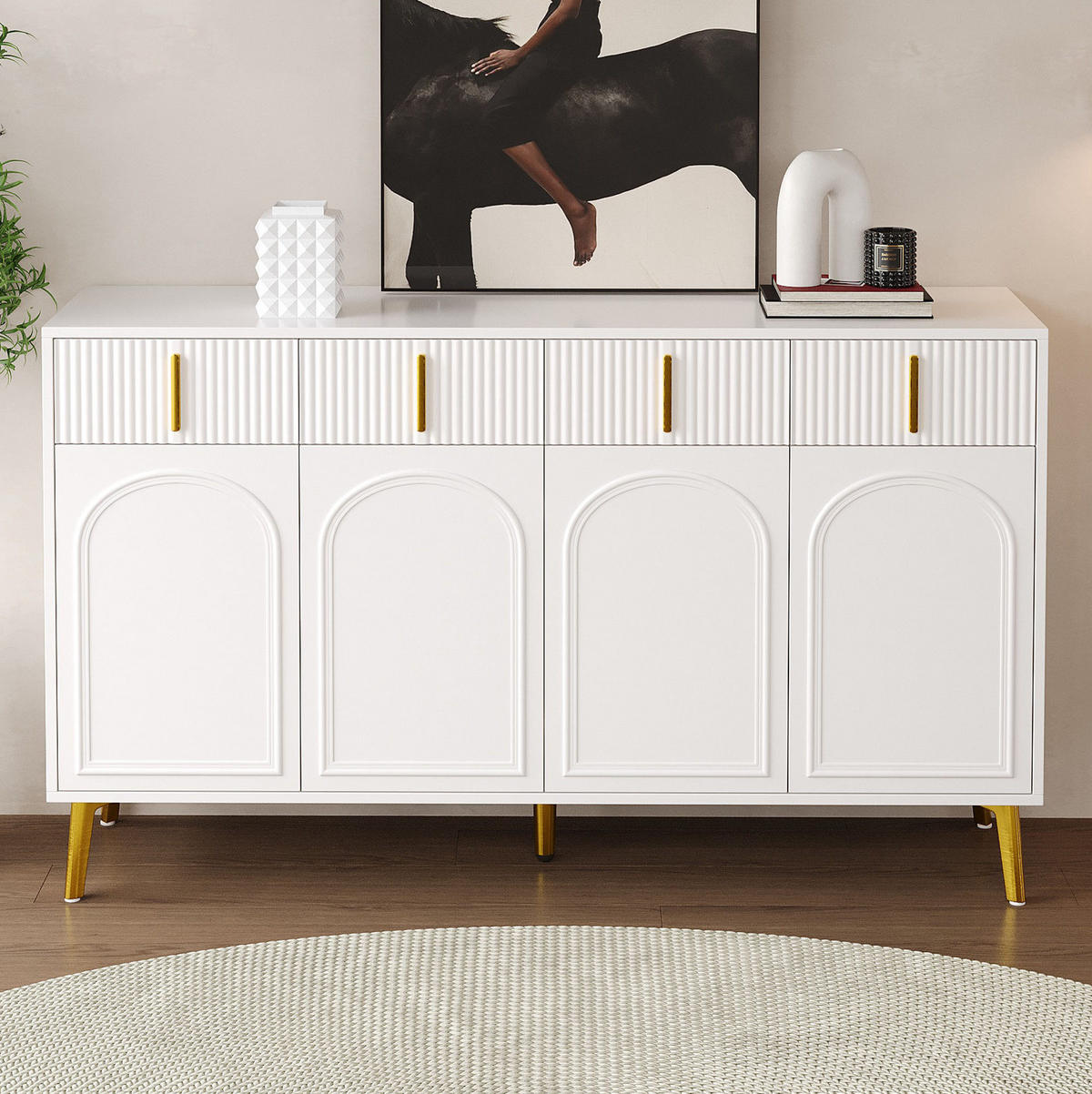 SIDEBOARD 140/38/82 cm mit 4 Türen & 4 Schubladen in Weiß mit Goldakzenten - Weiß, Holzwerkstoff (140/82/38cm) - BEAOK