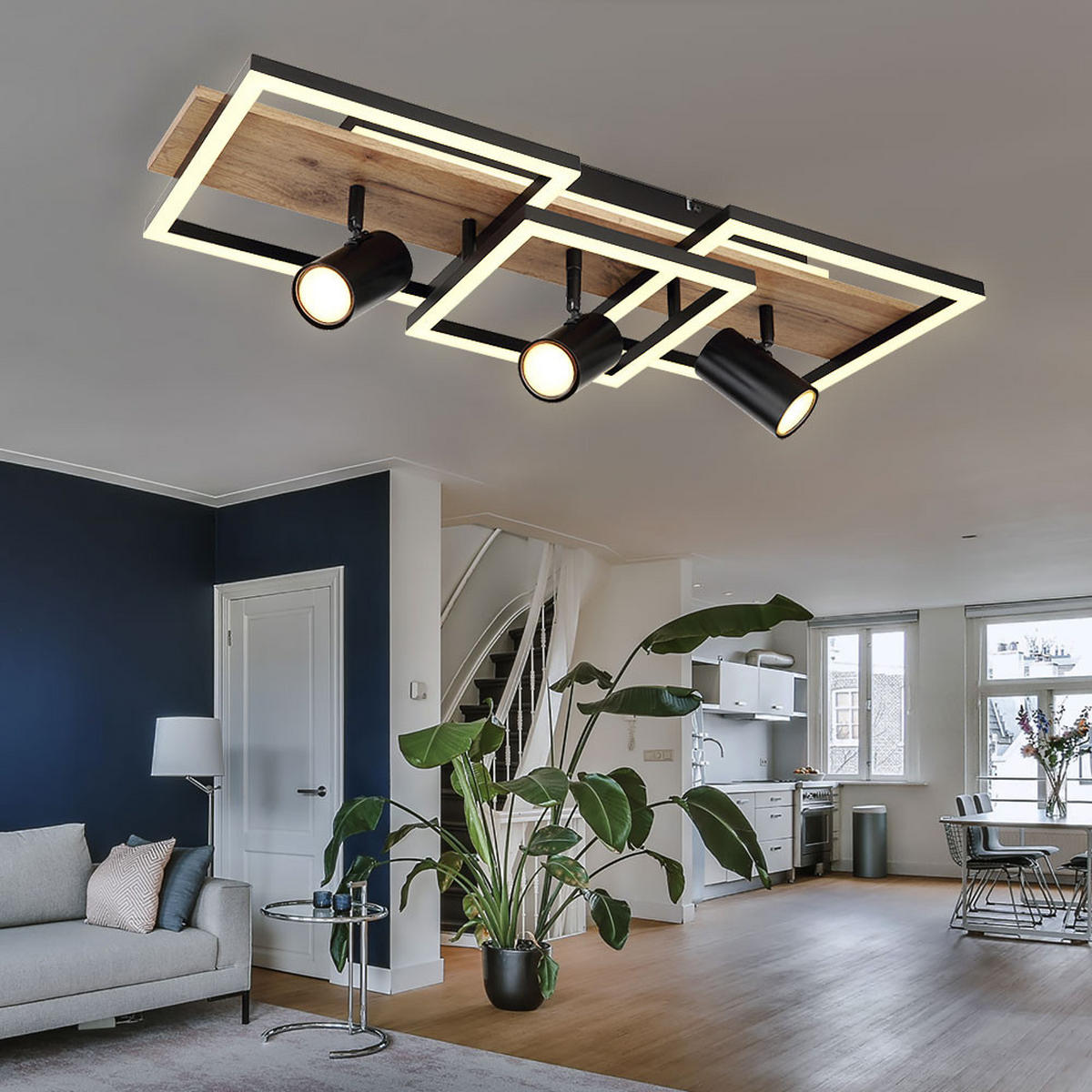 LED DECKENLEUCHTE Metall Holzoptik Schwarz 3-flammig - Schwarz, Metall (72/27/18cm) - Globo Lighting