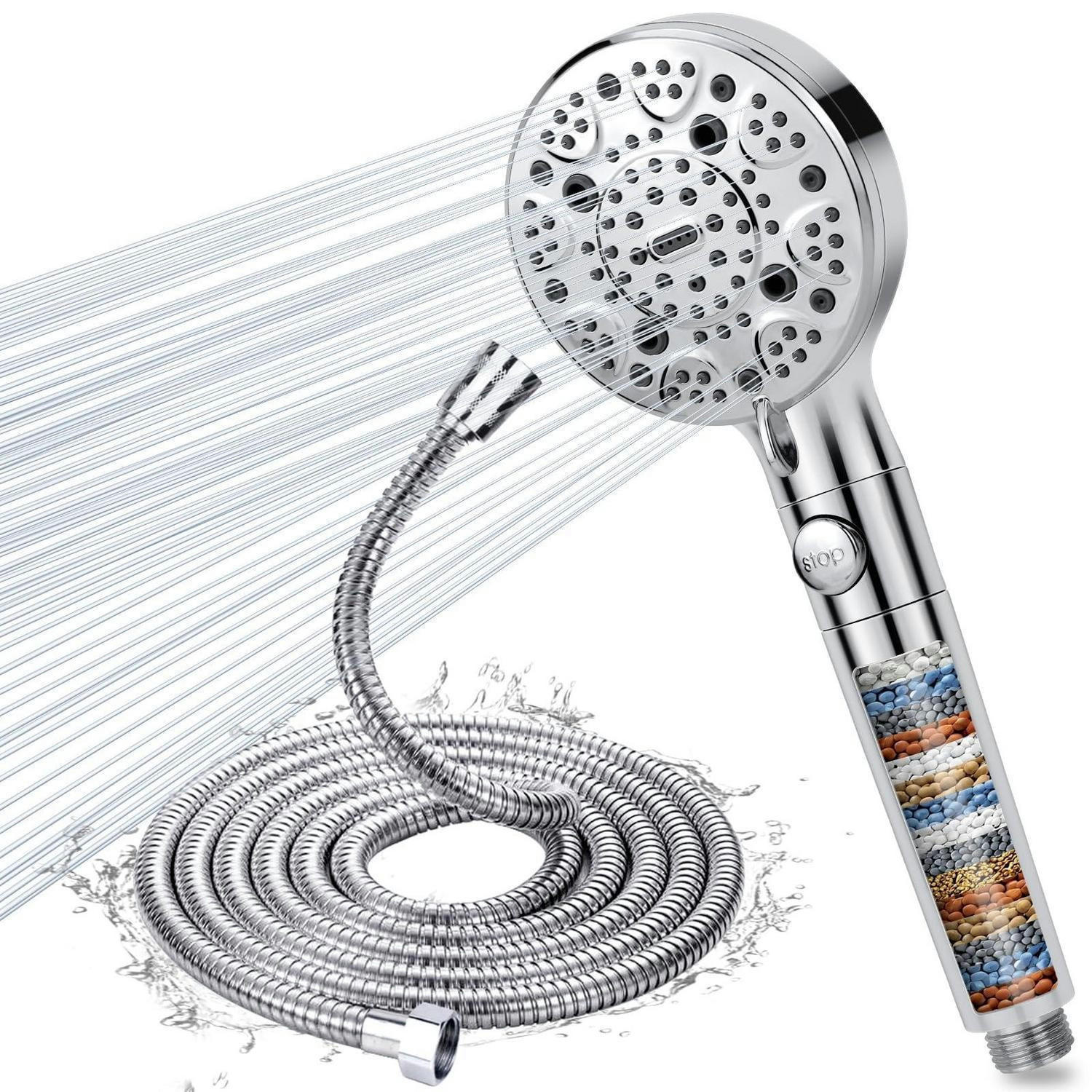 DUSCHKOPF mit Schlauch 2M 9 Strahlarten 15-stufige Filterung Hochdruck Wassersparend Stoppfunktion Chrom - Silberfarben, Metall (12.7/12.7/26cm)