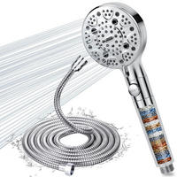 DUSCHKOPF mit Schlauch 2M 9 Strahlarten 15-stufige Filterung Hochdruck Wassersparend Stoppfunktion Chrom - Silberfarben, Metall (12.7/12.7/26cm)