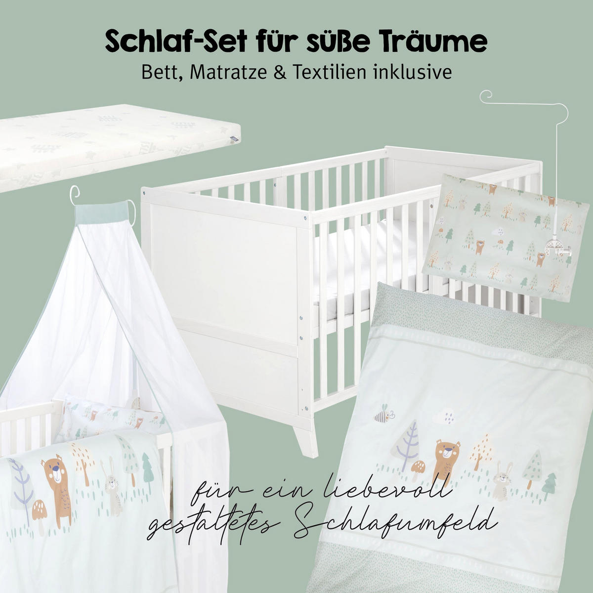 BABYBETTSET 'Woodland Buddies' 70 x 140 inkl. kompletter Ausstattung - Weiß / Pastellgrün - Weiß, Holz (70/140cm) - Roba