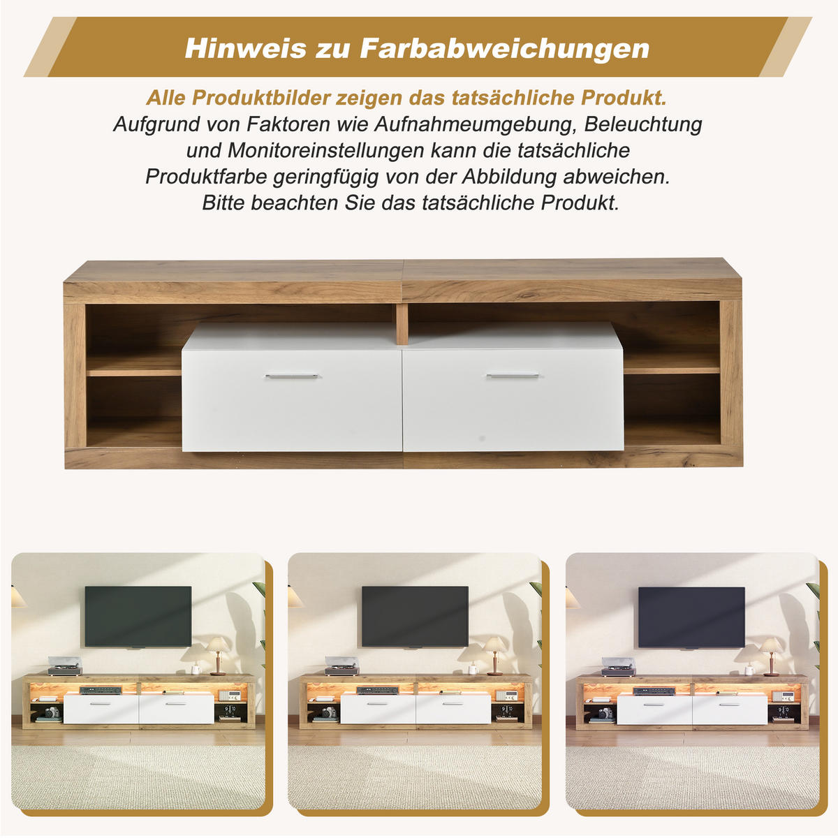 TV-SCHRANK 180cm LED 2 Schubladen 4 Fächer Lowboard Natur Weiß - Naturfarben, Holzwerkstoff (180/50/35.5cm) - FLIEKS