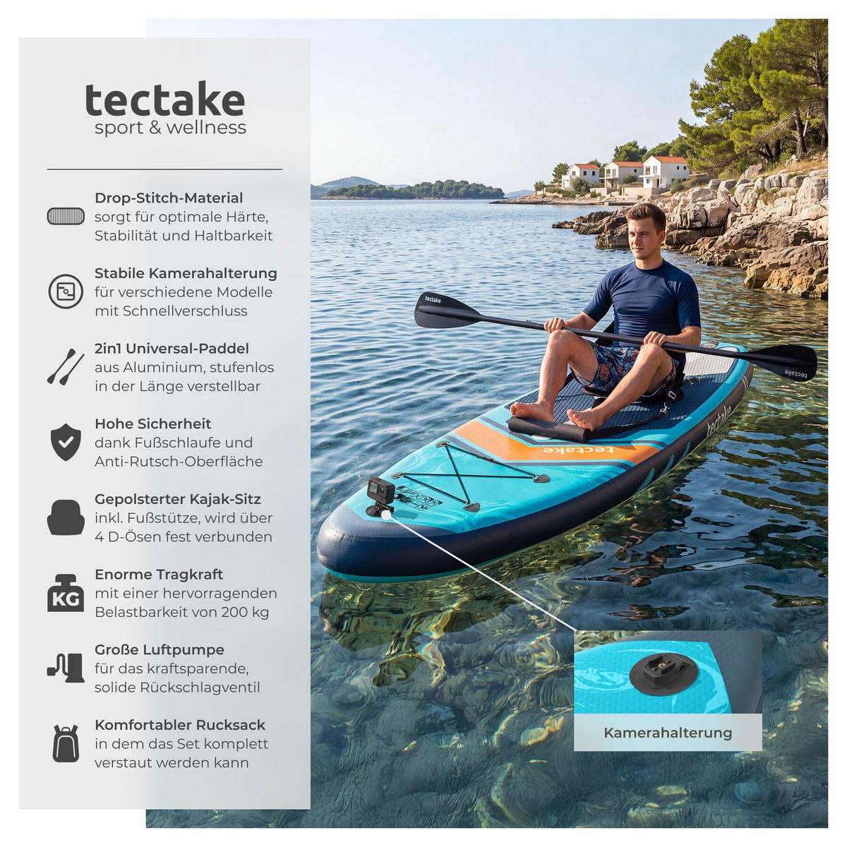 STAND-UP PADDLE BOARD Palagios, Belastbarkeit 200 kg, inklusive Kajak-Sitz, türkis/orange - Türkis, Kunststoff (320/84/0.4cm) - tectake