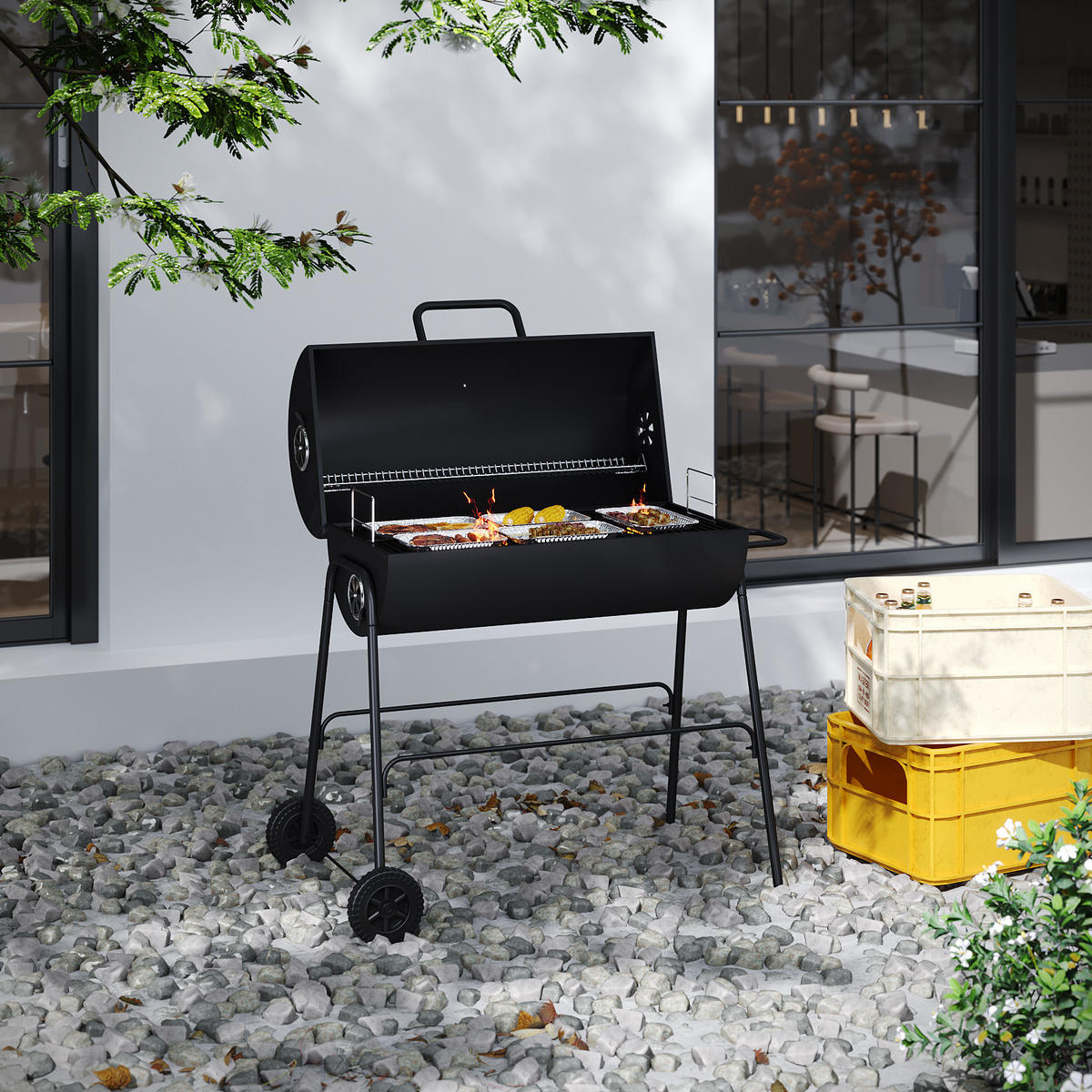 HOLZKOHLEGRILL mit Rollen aus Kohlenstoffstahl in Schwarz für draußen Carbonstahl groß mobil – ideal für Familienfeiern 79 x 68 x 90 cm 10,5 kg - Schwarz, Metall (68/90/79cm) - Livingandhome