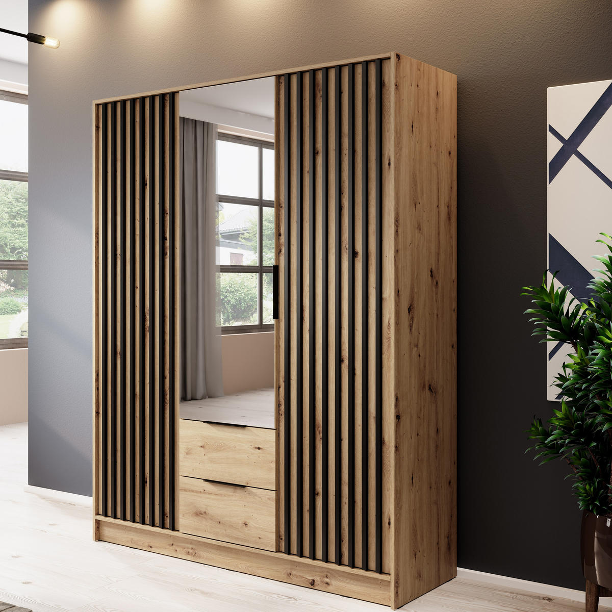KLEIDERSCHRANK Stilo in Eiche Artisan, dreitürig, mit Spiegel und Lamellen an der Vorderseite - Schwarz/Eiche Artisan, Leder/Holzwerkstoff (155/200/51cm) - Ravio