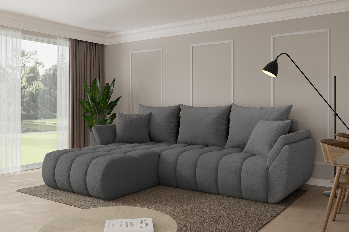 ROHOVÁ SEDAČKA s funkcí spaní, otoman vlevo TOKO-L-v1 277x194x86 šedá bouclé - šedá/černá, kompozitní dřevo/textil (277/194cm) - ALTDECOR
