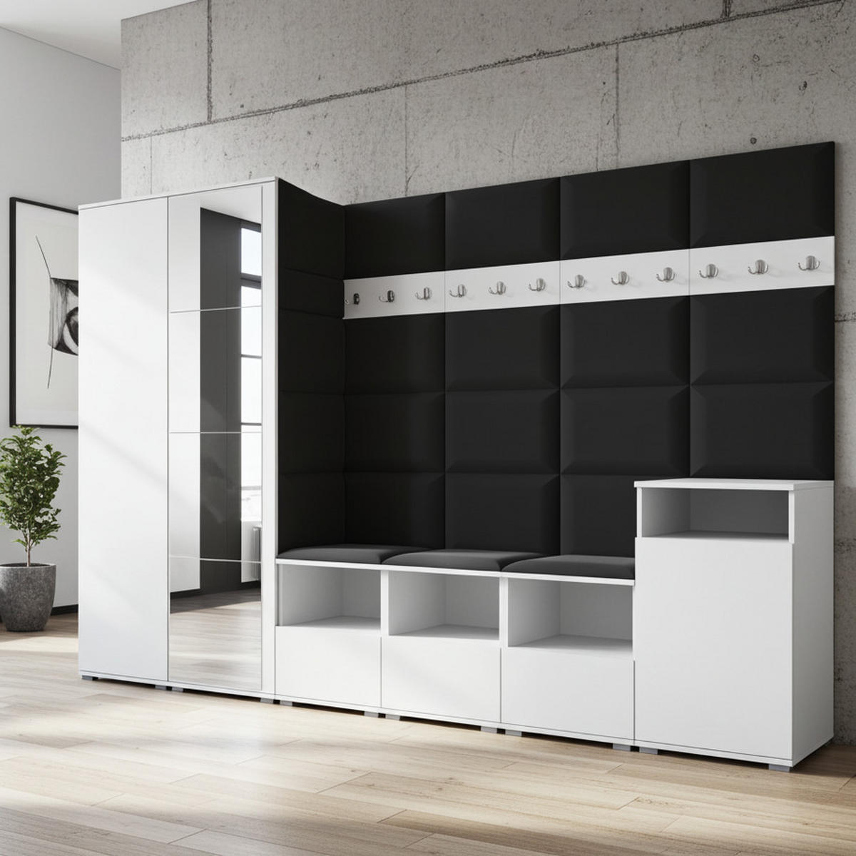 GARDEROBE NELA XII 300 cm (Modulare Flurmöbel Weiß mit Spiegel & Sitzpolster Schwarz 16 Gigantisches Set) - Silberfarben/Schwarz, Holz/Holzwerkstoff (300/187/40cm) - Ravio