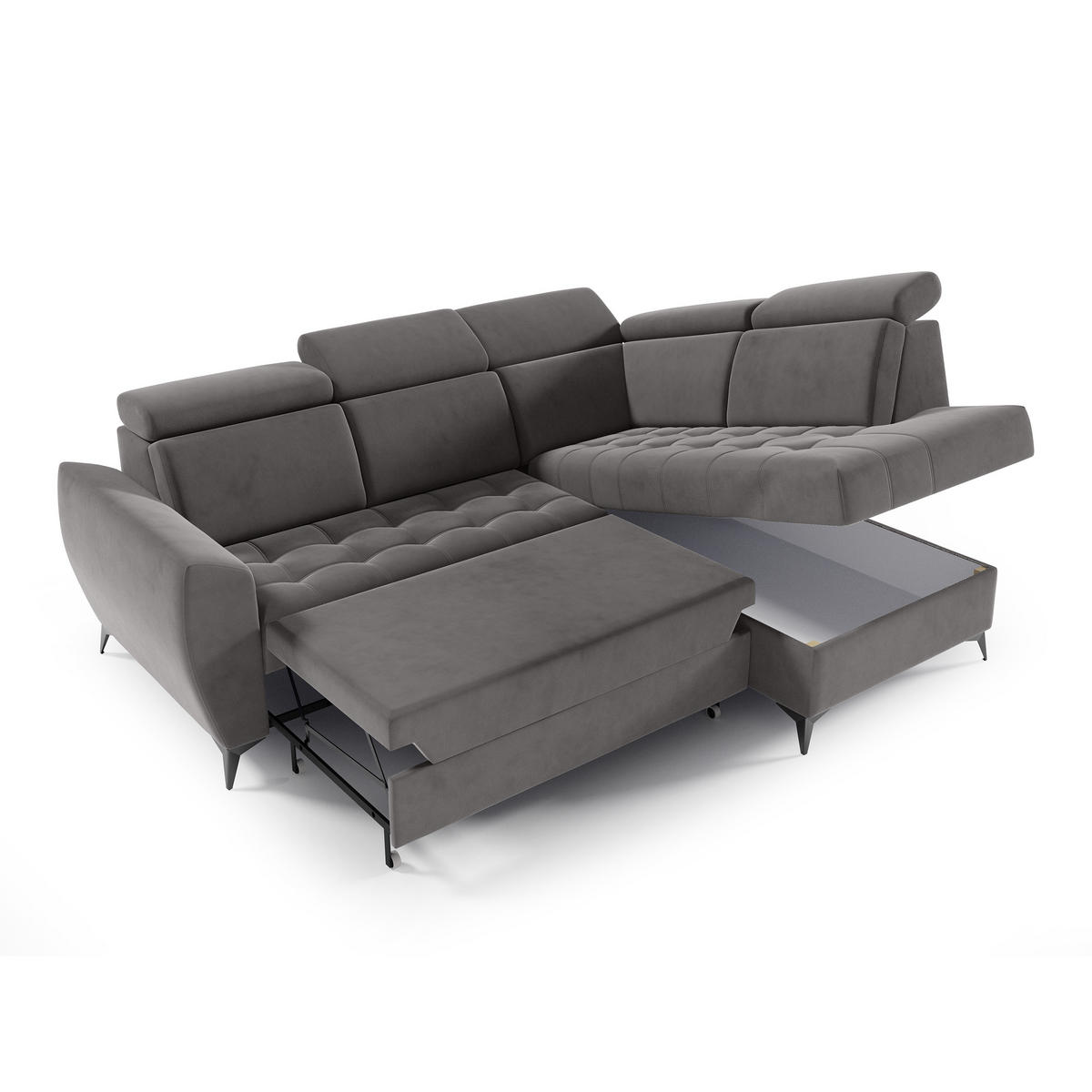 ECKSCHLAFSOFA Aurora II mit verstellbare Kopfstützen, Dunkelgrau, rechts - Dunkelgrau/Schwarz, Textil (266/204cm) - Beautysofa