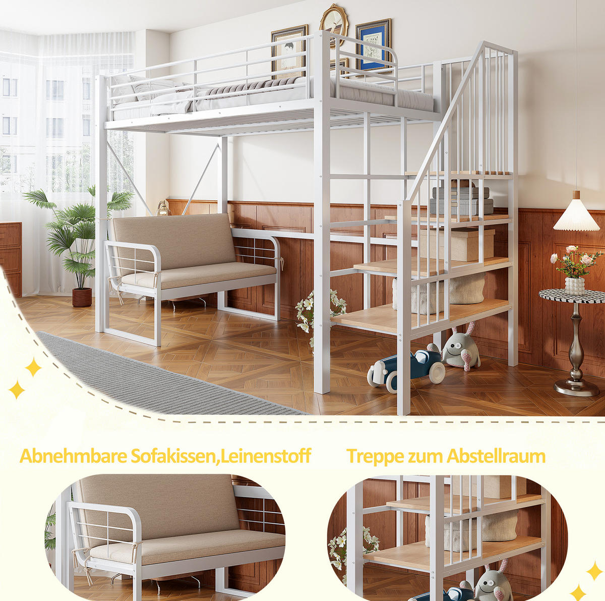 PATROVÁ postel 90/200 cm bílá z kovu a MDF s odnímatelnou pohovkou a úložným schodištěm - bílá, kompozitní dřevo (90/200cm) - OKWISH