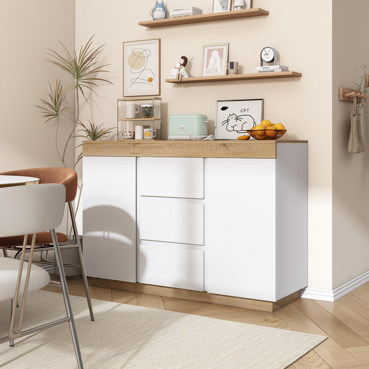 SIDEBOARD in Weiß und Eiche Kommode mit 3 Schubladen und 2 Türen für Schlafzimmer und Wohnzimmer, B120.5/T40.2/H82.5cm - Eichefarben/Weiß, Holzwerkstoff/Metall (120.5/82.5/40.2cm) - STILVORA