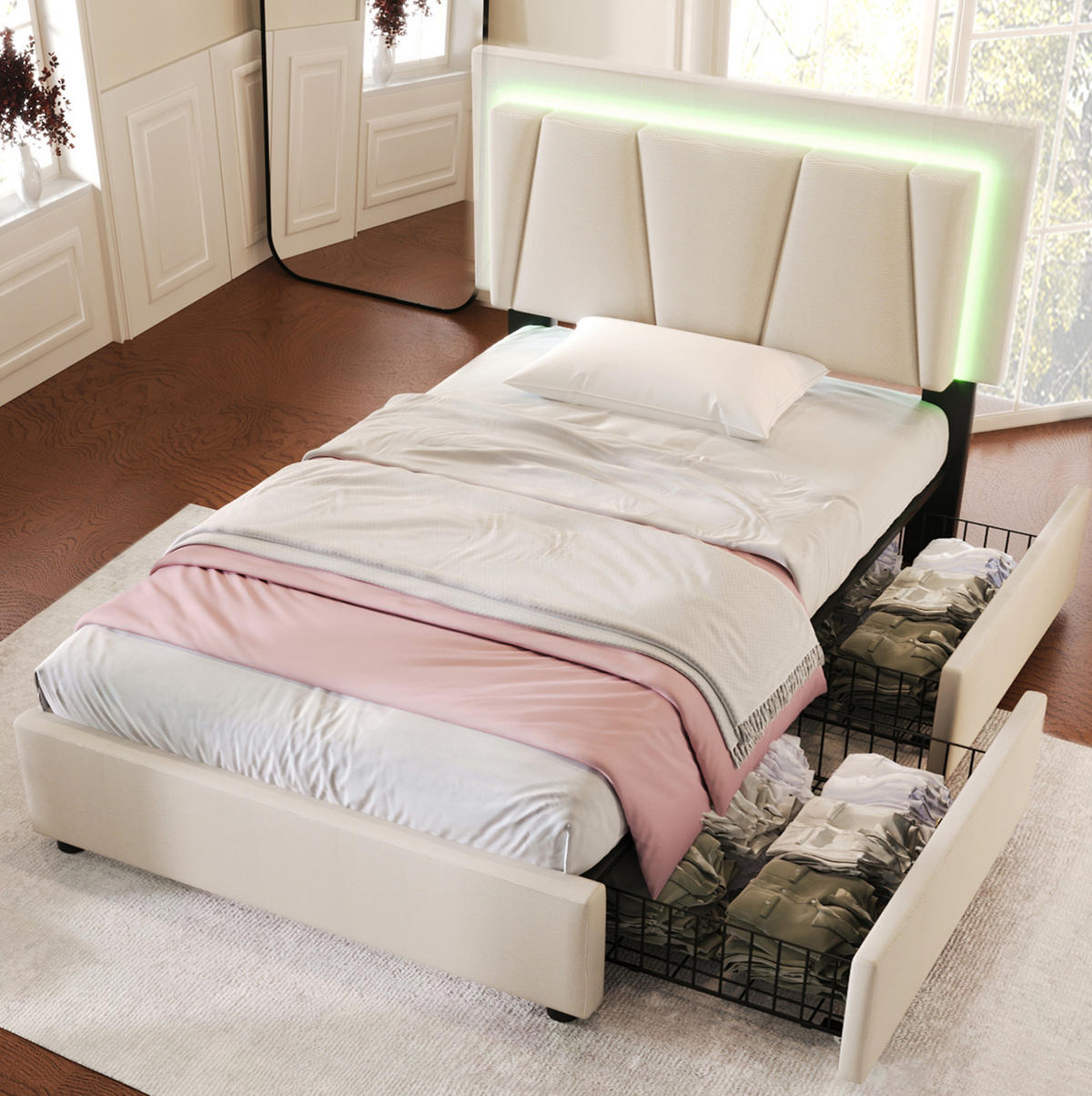 POLSTERBETT 90/200 cm Beige aus Holz mit LED und 2 Schubladen mit Matratze - Beige, Holzwerkstoff (90/200cm) - OKWISH