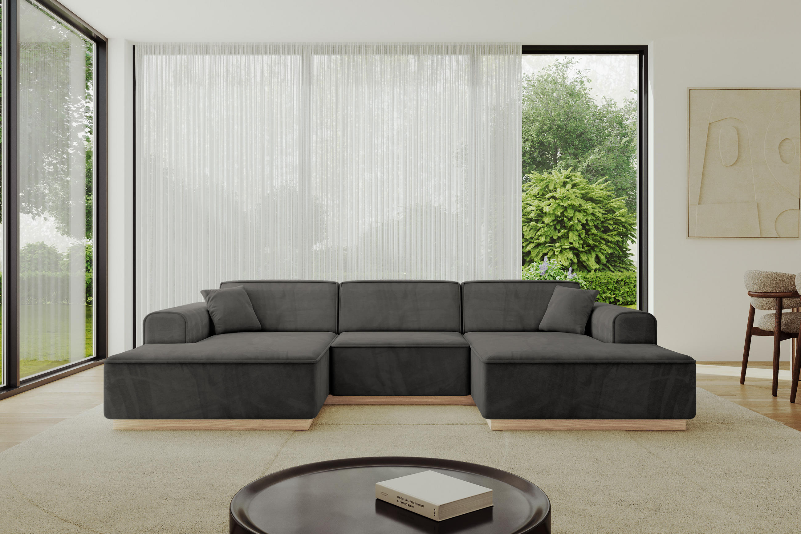 WOHNLANDSCHAFT IREA-U1 - 303x171x83 cm Ecru - Anthrazit, Holzwerkstoff/Textil (303/83/171cm) - ALTDECOR