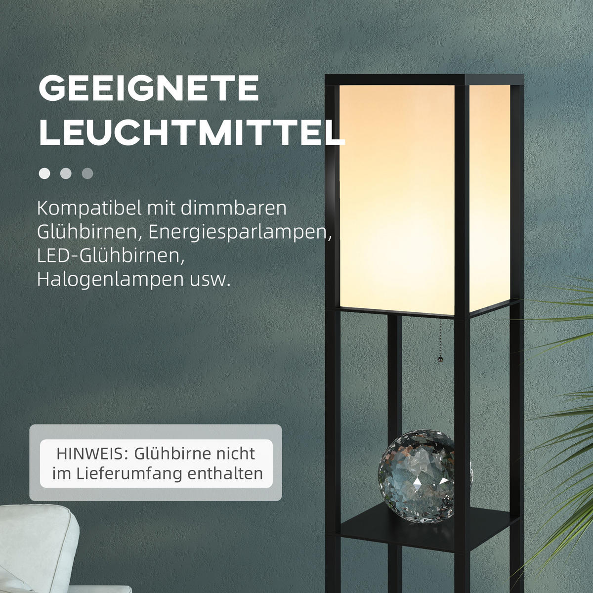 STEHLEUCHTE Beleuchtung E27 bis 40W mit 3 Regalen für Wohn-/Schlafzimmer Holz - Schwarz, Textil (26/26/160cm) - HOMCOM