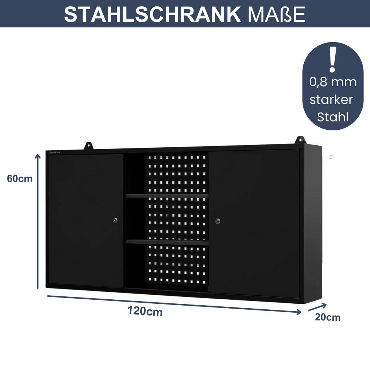 HÄNGESCHRANK Werkstatt abschließbar OLIS 60x120x20cm Schwarz - Schwarz, Metall (120/60/20cm) - DELUKE