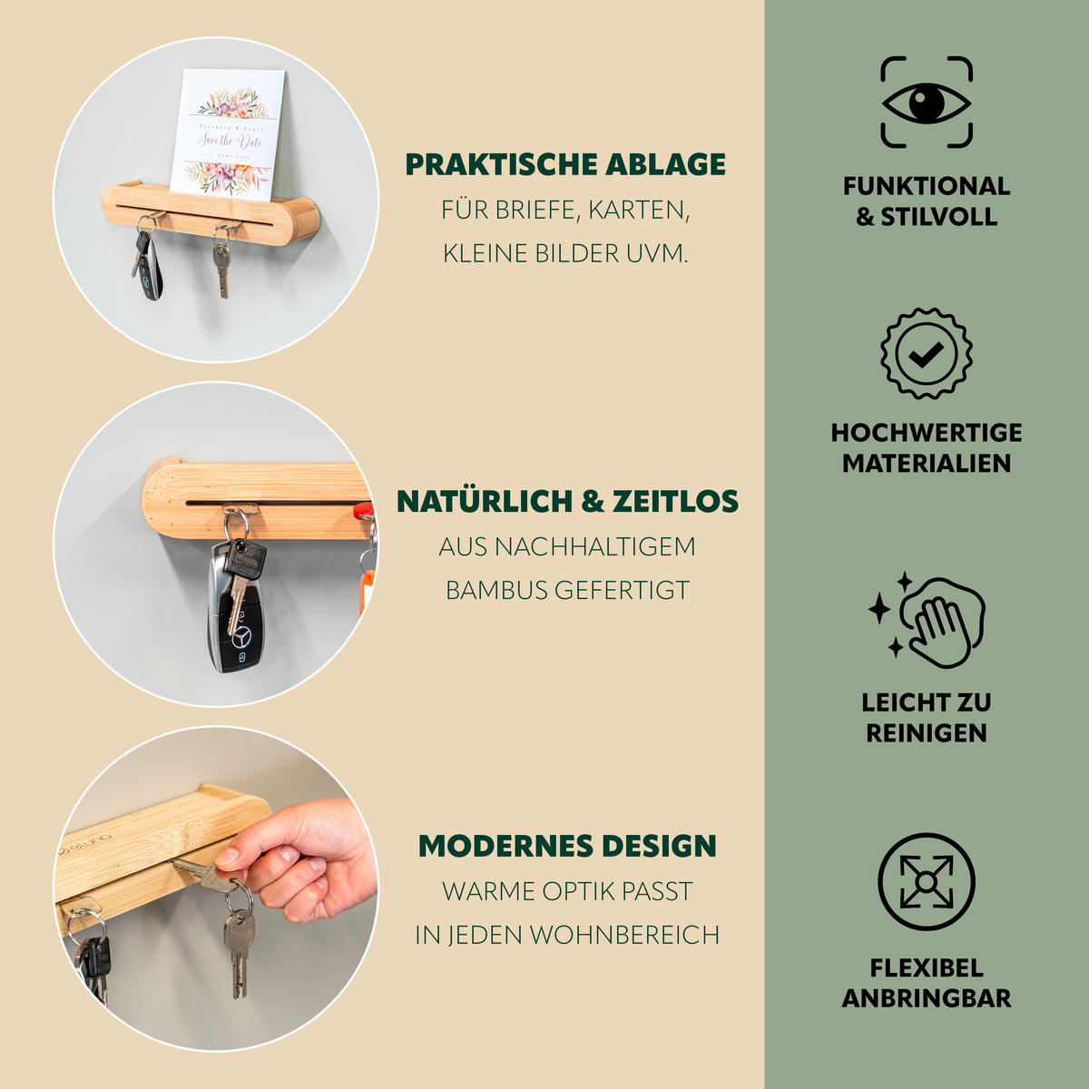 SCHLÜSSELBRETT, Bambus - Braun, Holz (29.5/5/5cm) - eluno