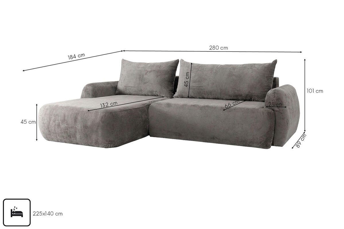 ECKSOFA Mit Schlaffunktion Und Bettkasten, Chenille-Stoff Perfecto, Grau, Links, HELA II - Grau, Holz (280/184cm) - Kaiser Möbel