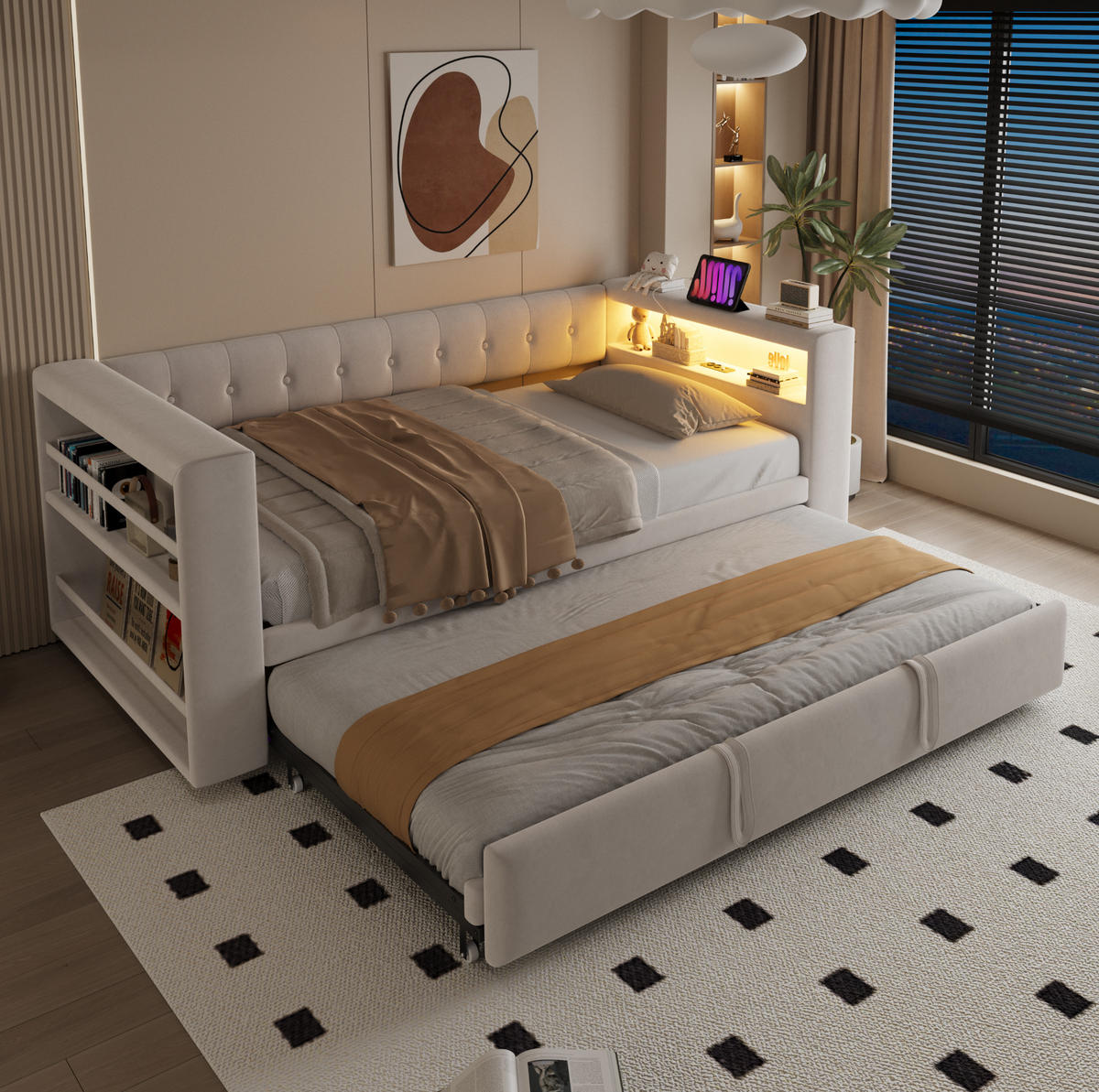 POLSTERBETT 90/180 x 190 cm aus Flannelette mit LED-Beleuchtung Steckdose und Stauraum Beige - Beige, Textil (90/180cm) - Modenvie
