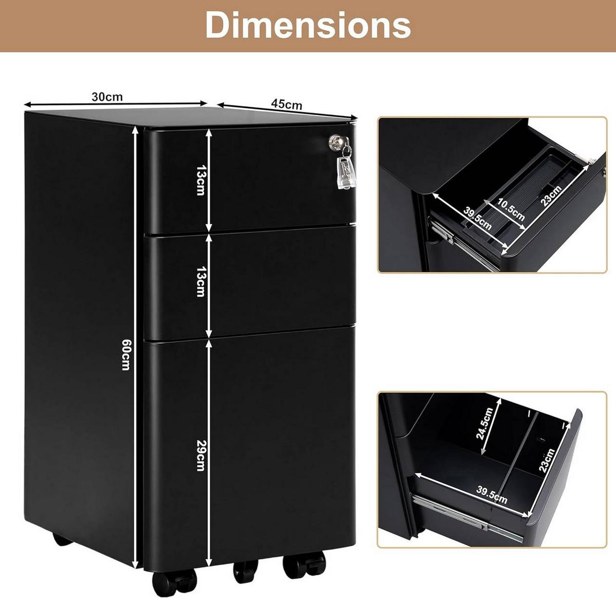 ROLLCONTAINER abschließbar, mit 3 Schubladen, Schwarz - Schwarz, Metall (30/60/45cm) - Woltu