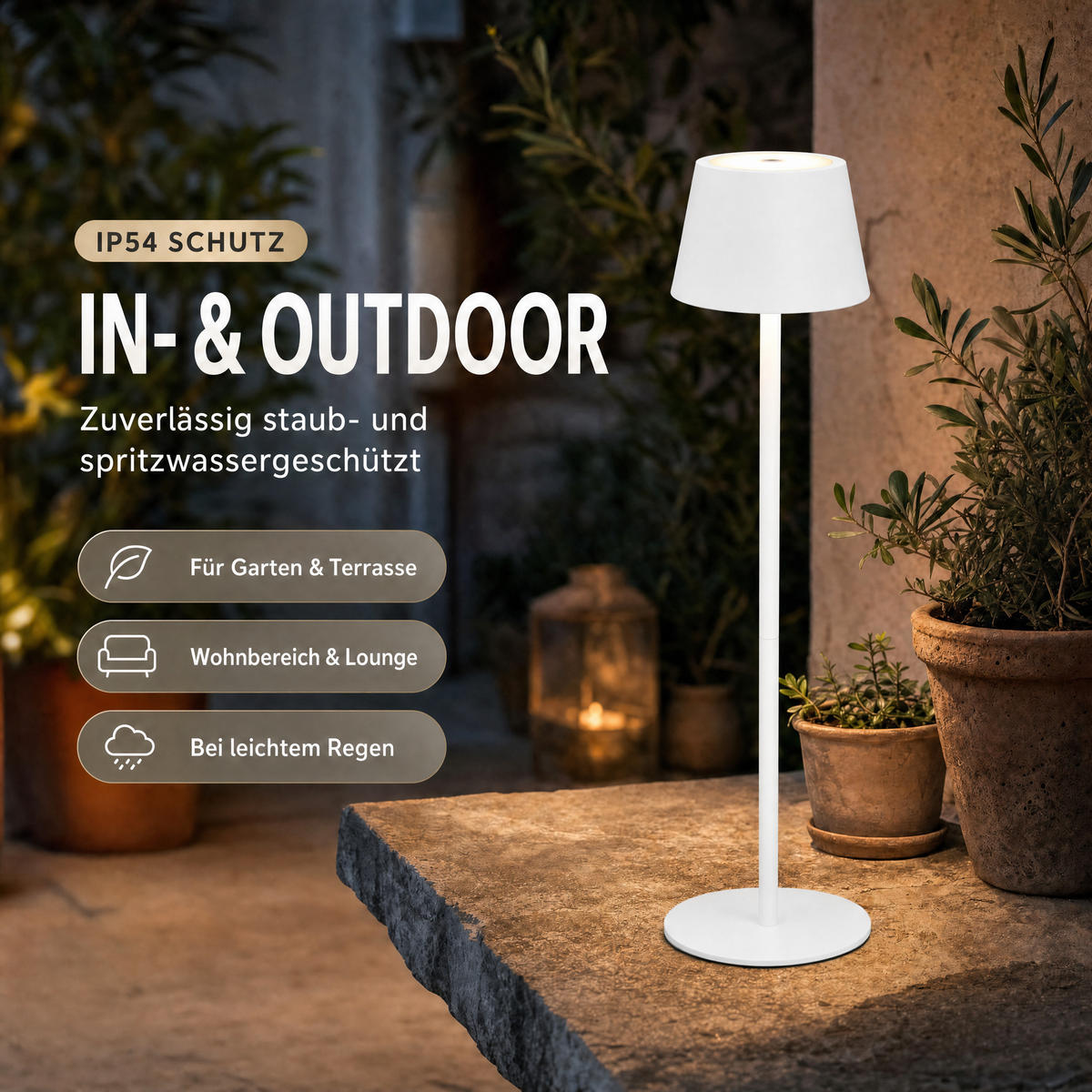 LED-TISCHLAMPE Akku 3-in-1 Weiß dimmbar Flaschenaufsatz 26/45 cm Touch IP54 - Weiß, Kunststoff (11/11/45cm) - Northpoint