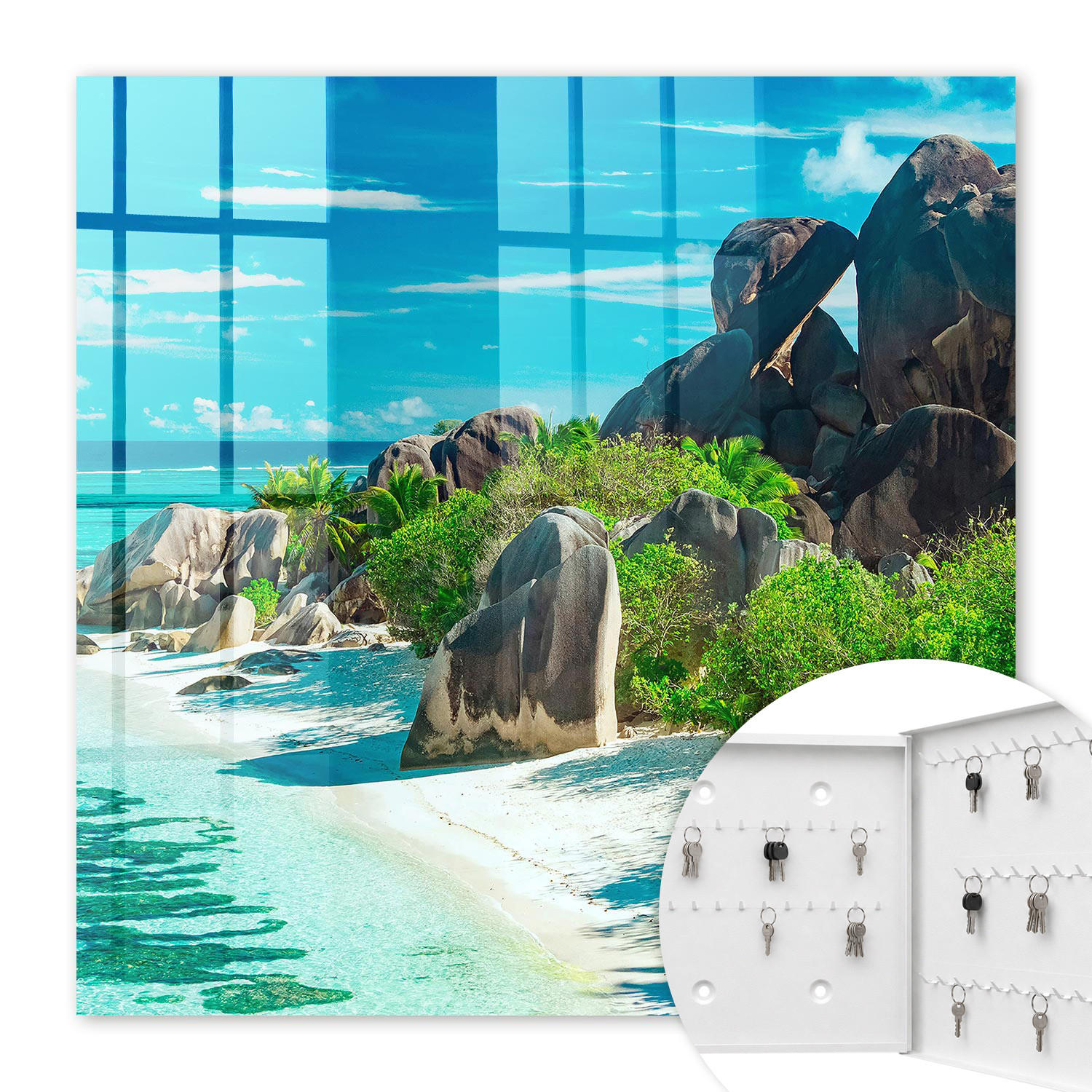SCHLÜSSELBOX Weiß 30x30 cm – Türöffnung nach rechts - Tropischer Strand - Blau, Metall (30/30/5cm) - TULUP