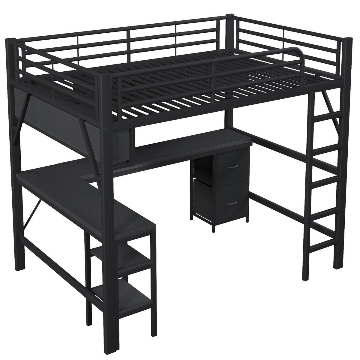 HOCHBETT 140/200 cm aus Metall und MDF mit Schreibtisch USB und LED-Beleuchtung Schwarz - Schwarz, Holzwerkstoff (140/200cm) - Modenvie