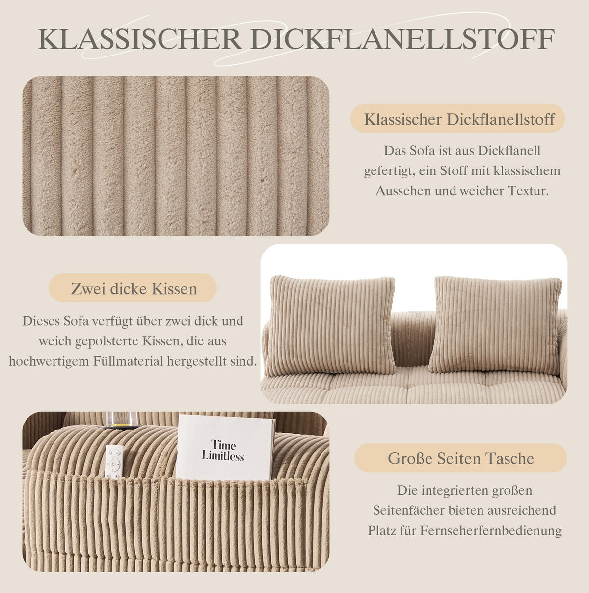 2-SITZER 158/93/61 cm Khaki aus Cordstoff mit Seitenfächern und Becherhaltern - Sandfarben, Textil (93/61/158cm) - OKMYHOME