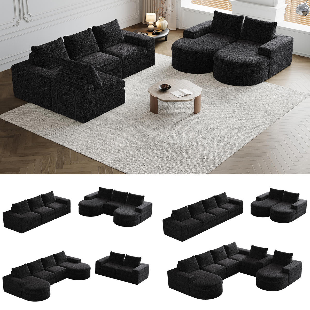 SCHLAFSOFA aus Chenille mit Liegestuhl, montagefrei - Schwarz, Textil (251/81/160cm)