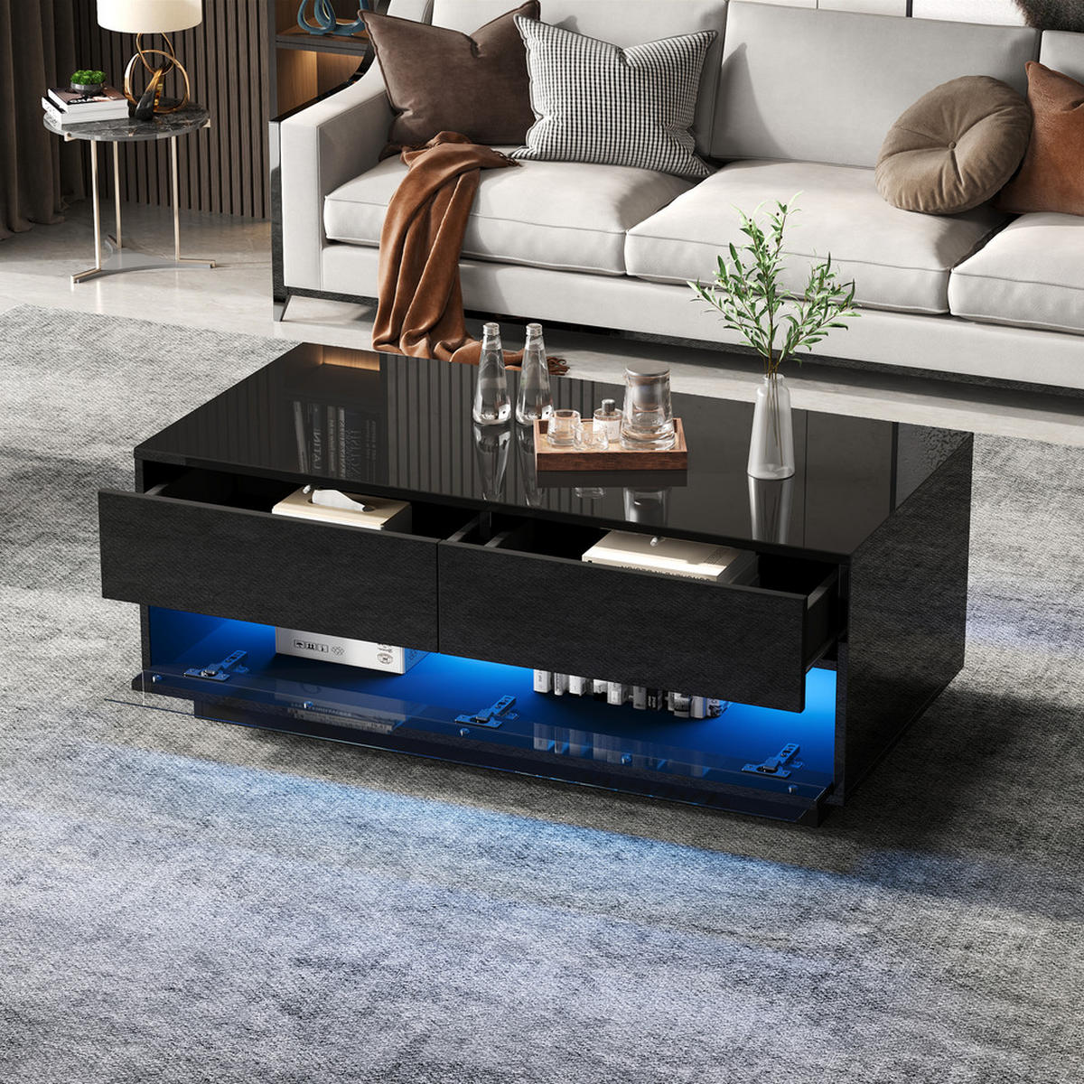 COUCHTISCH 100x50cm Schwarz Hochglanz Bluetooth LED 2 Schubladen Glas - Schwarz, Holz (111.51/58.04/16.51cm) - FLIEKS