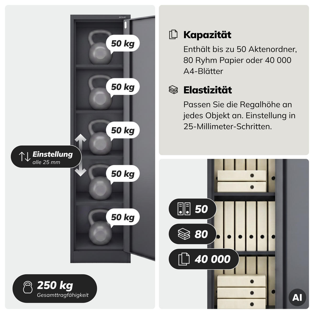AKTENSCHRANK ALEX D600 - Anthrazit, Metall (45/185/60cm) - Jan Nowak