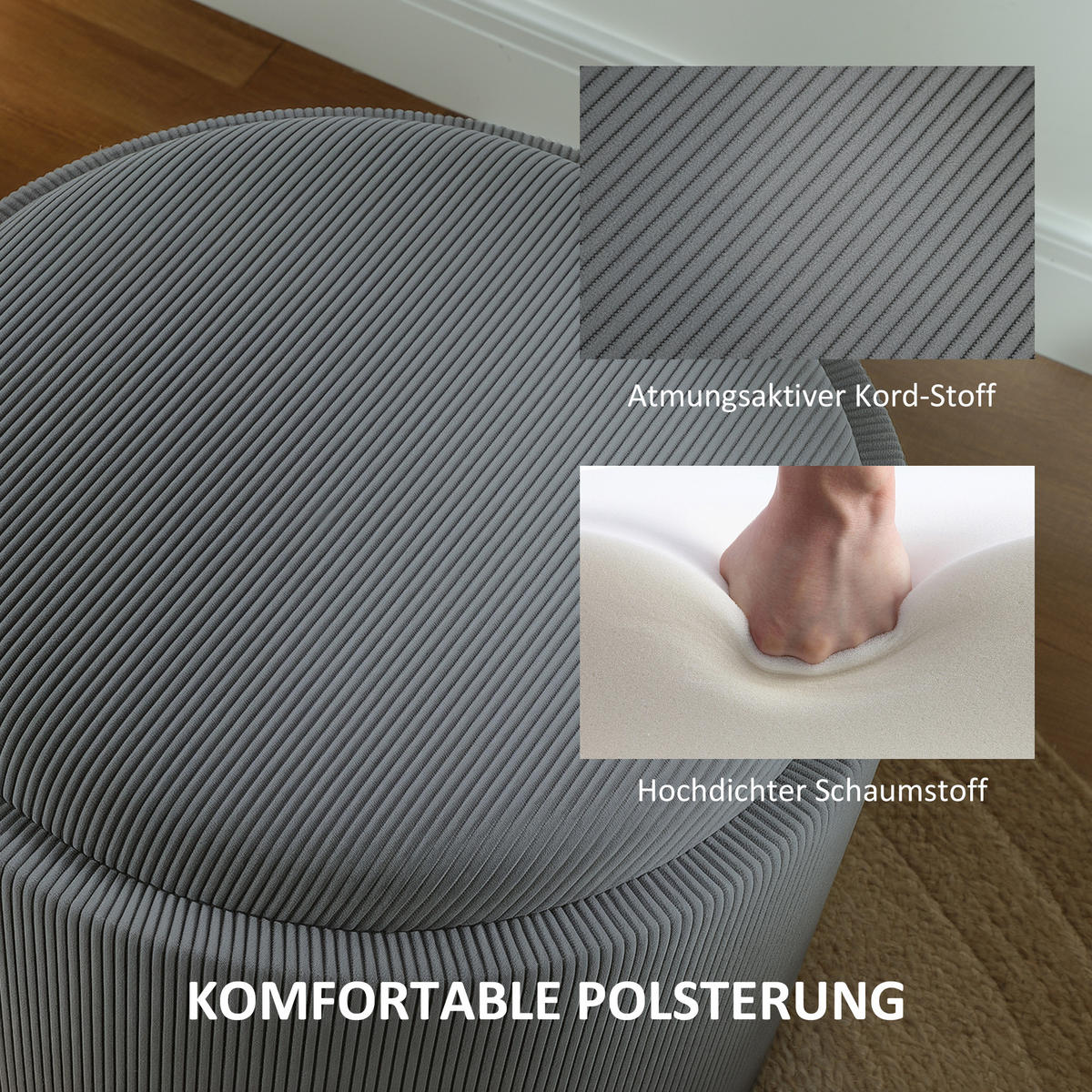 SITZHOCKER mit Stauraum Hocker mit Deckel, Cord-Optik 56 x 56 x 42 cm Grau - Grau, Textil (56/42/56cm) - HOMCOM