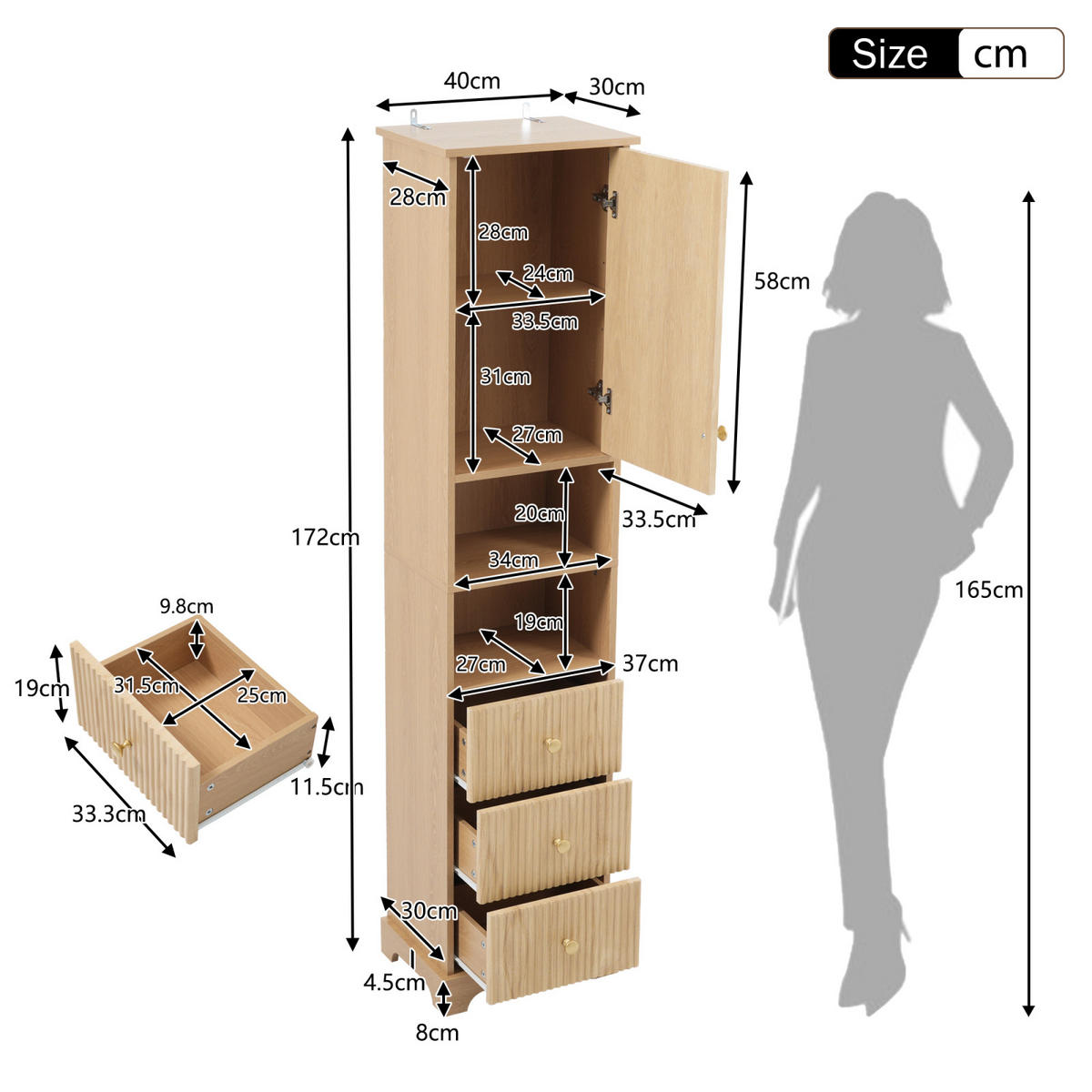 BADEZIMMER Hochschrank mit vertikalem Streifenmuster, Schubladen, offene Regalböden, Naturholzfarbe - Naturfarben, Holz (40/172/30cm) - PARAFTA HOME