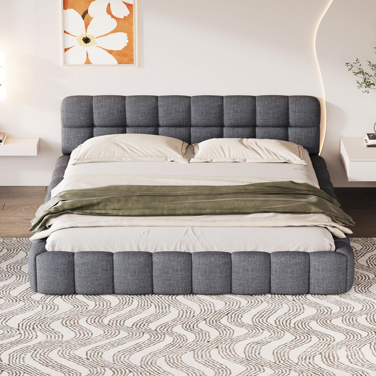 POLSTERBETT 140x200 cm, doppelbett, mit modernem wellenförmigem Kopfteil, aus weichem Leinenstoff in grau - Grau, Holz/Textil (140/200cm) - BRILVERDE