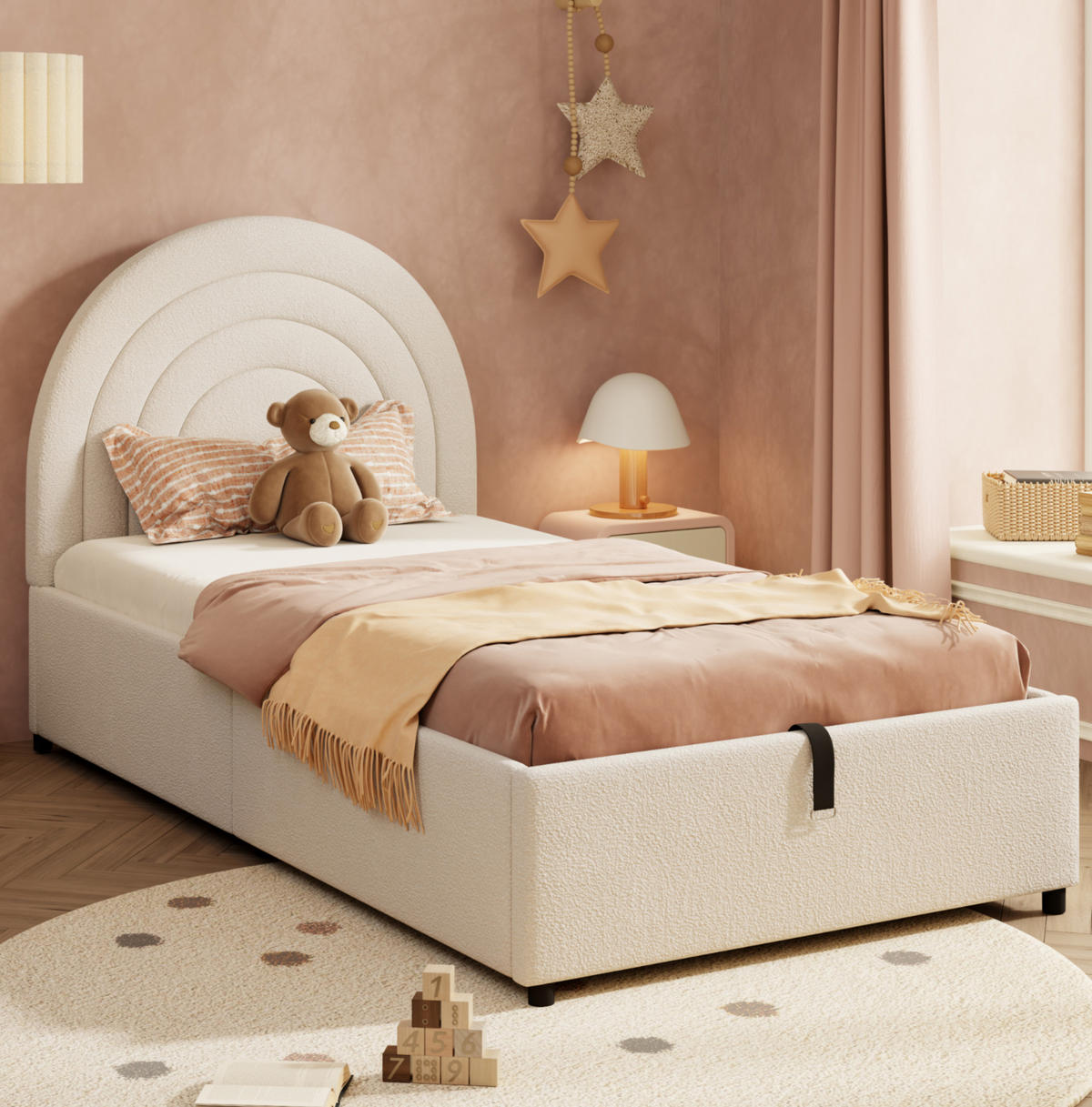 POLSTERBETT 90/200 cm aus Bouclé mit Bettkasten, Beige - Beige, Textil (90/200cm) - Flora Grace