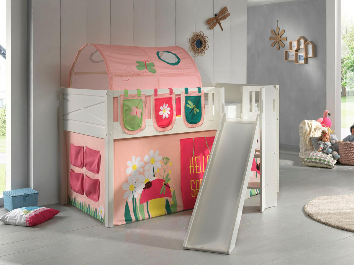 KINDERBETT mit Rutsche Karyl Massivholz Weiß Textilset Spring 4 - Hellrosa/Weiß, Holz (90/200cm) - 58aufmkessel