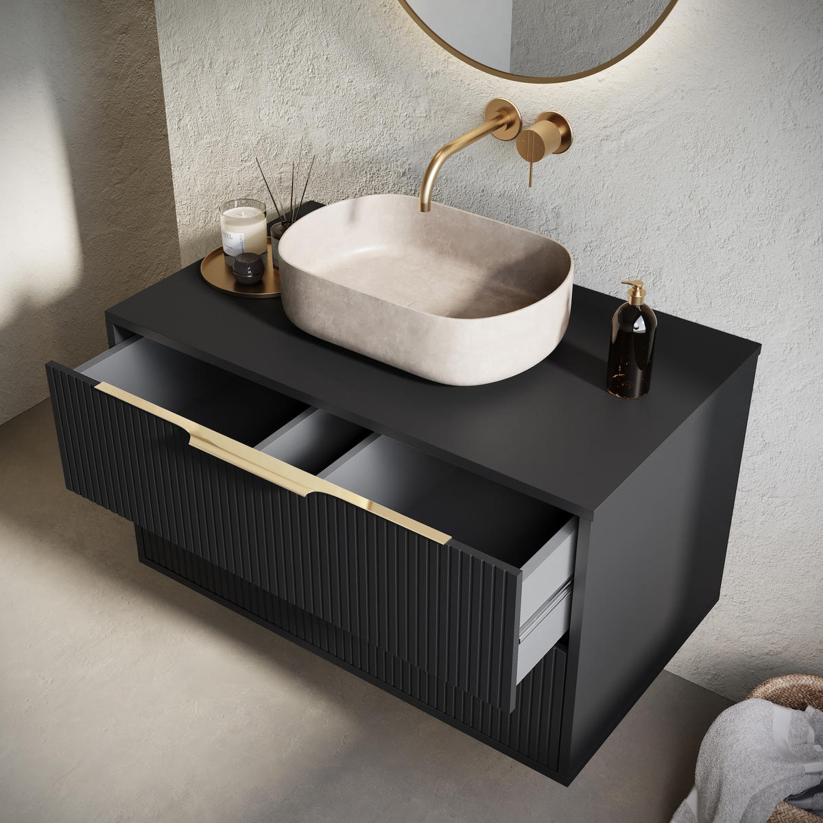 BADMÖBEL-SET Rimini 2 Teile Schwarz Matt - 80 x 46 x 46 cm - Schwarz, Holz (80/46/46cm) - Badplaats