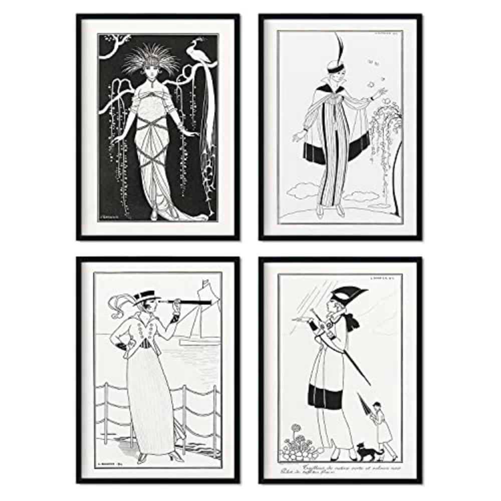 POSTER Set mit 4 SchwarzweissWeinleseblättern vom Künstler George Barbier A4 Rahmenlos - Klar, Papier (29.7/3cm) - Nacnic