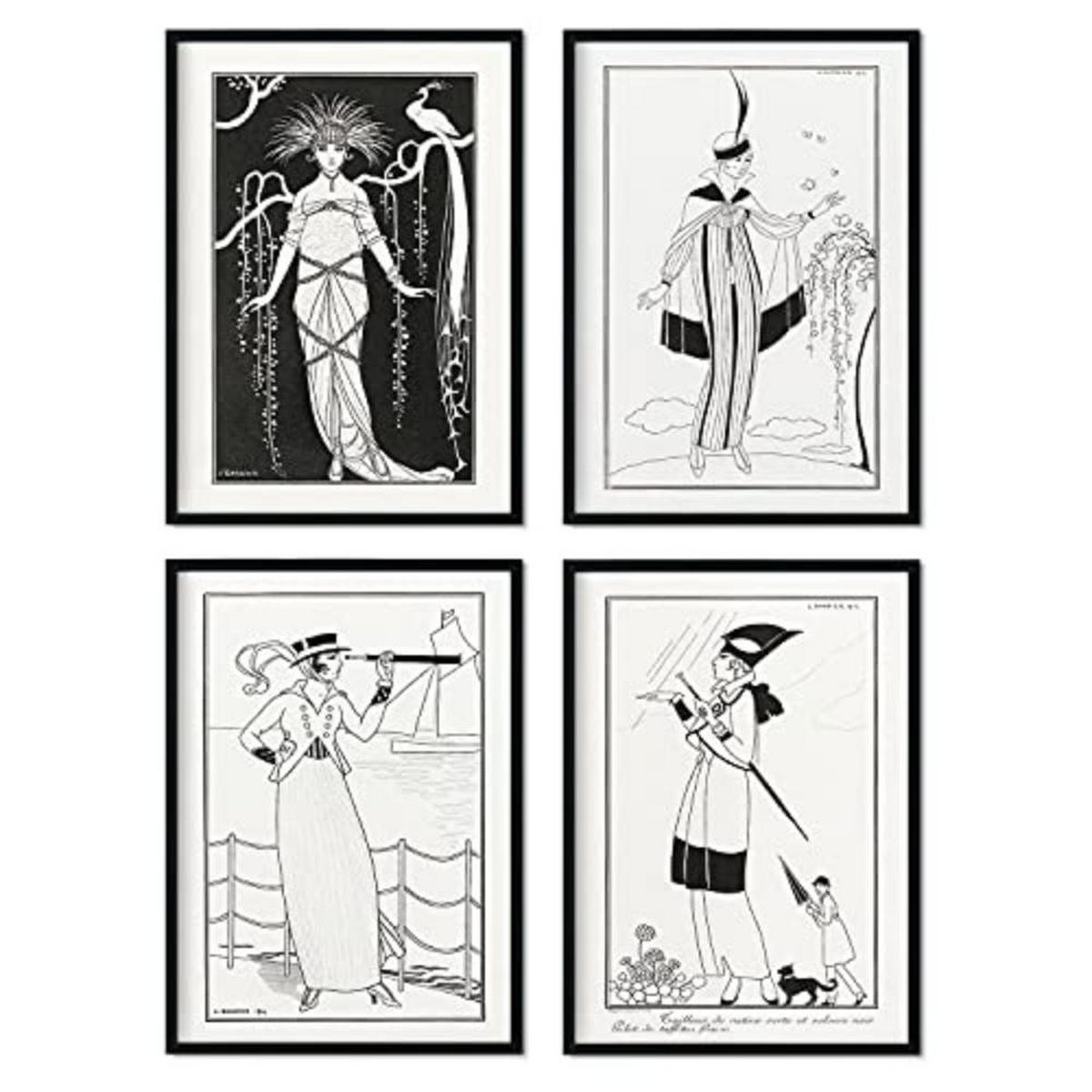 POSTER Set mit 4 SchwarzweissWeinleseblättern vom Künstler George Barbier A4 Rahmenlos - Klar, Papier (29.7/3cm) - Nacnic