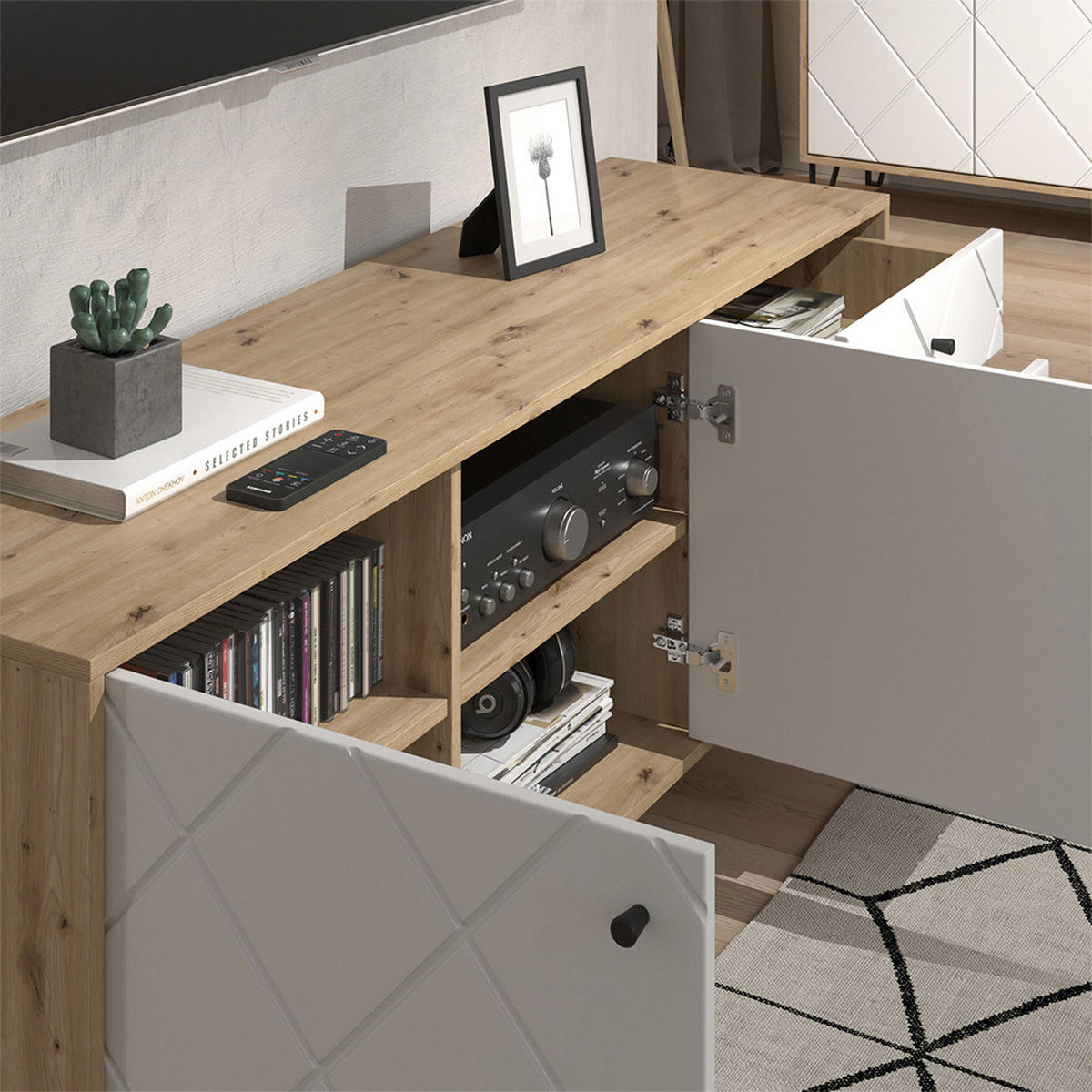 NÍZKÝ NÁBYTEK POD TELEVIZI Nizza Artisan/White - bílá/dub artisan, kompozitní dřevo (150.2/60.2/40.1cm) - Vicco