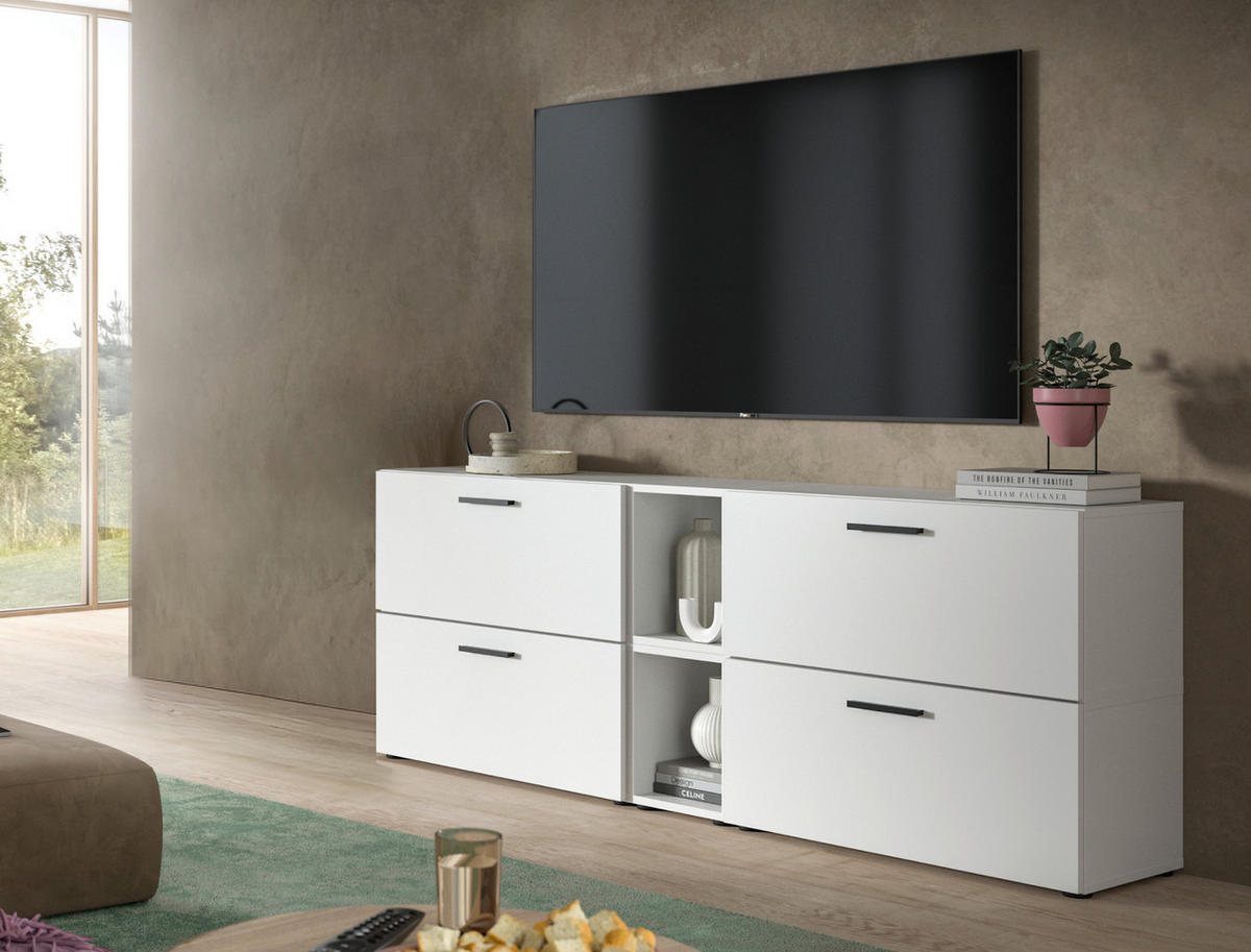 TV-LOWBOARD weiß 176 cm, Fernsehtisch hängend / stehend mit Soft-Close - Schwarz/Weiß, Holzwerkstoff/Kunststoff (176/67/34cm) - Inn.Furn