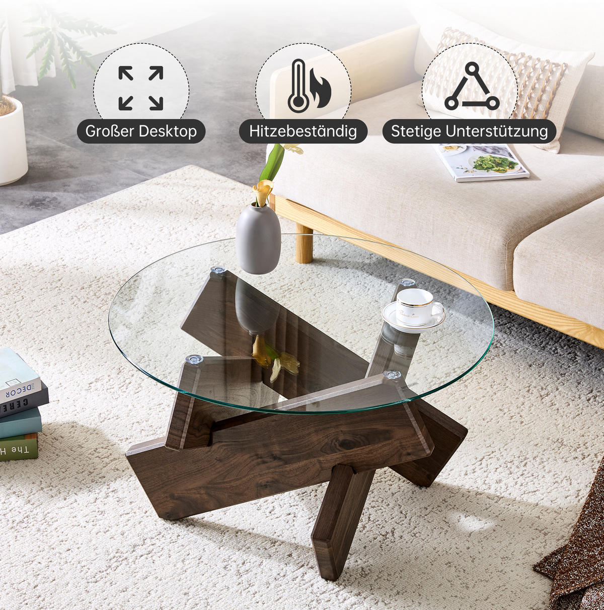 COUCHTISCH aus MDF und Glas 79x79x45 cm Transparent/Walnuss mit kreuzförmigem Gestell und pflegeleichter Oberfläche - Klar, Holzwerkstoff (79/79/45cm) - Modfu