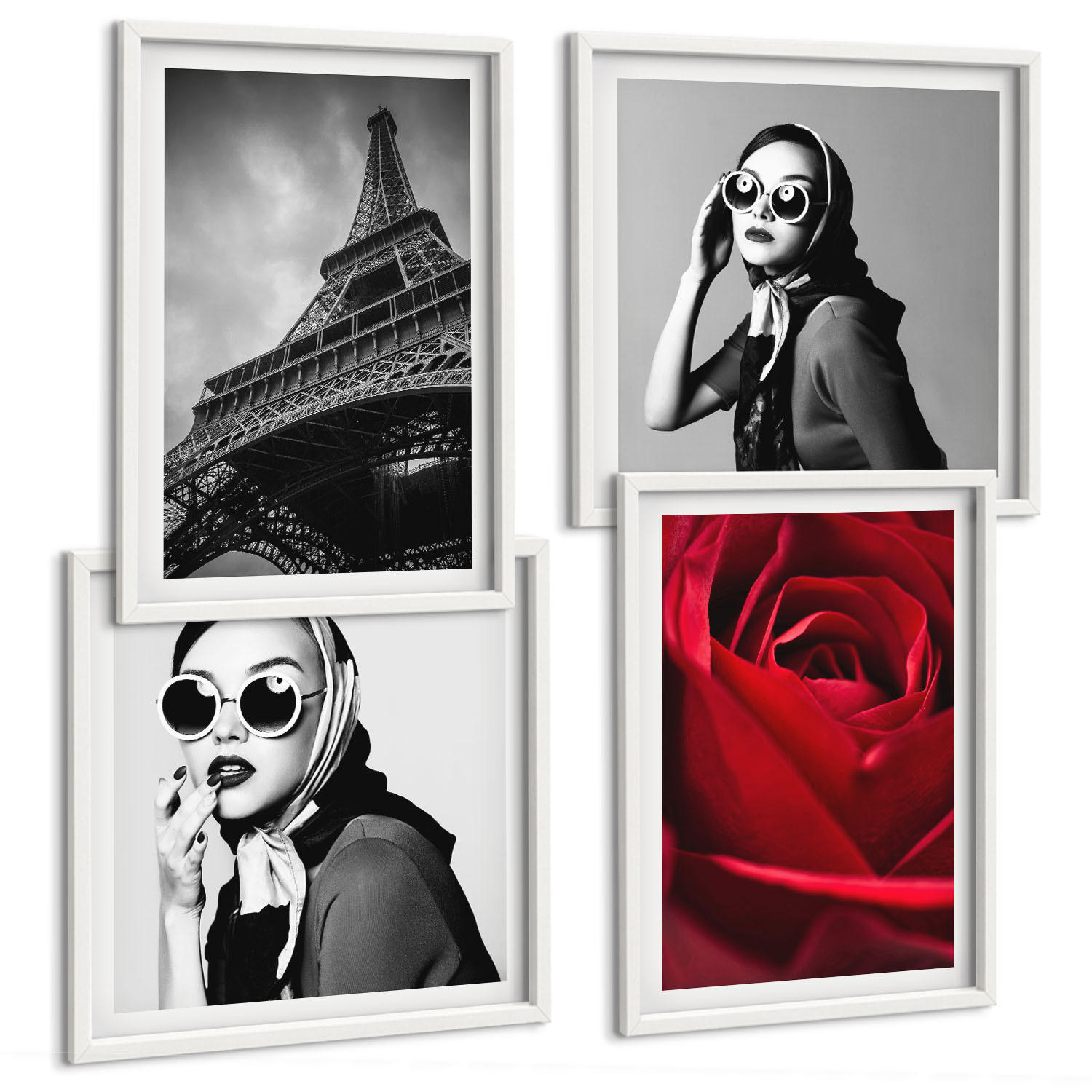 BILDER SET 4er Set - 50x50 cm & 40x60 cm Weißer Rahmen - Pariserin mit Eiffelturmbrille - Weiß, Kunststoff (50/50cm) - TULUP