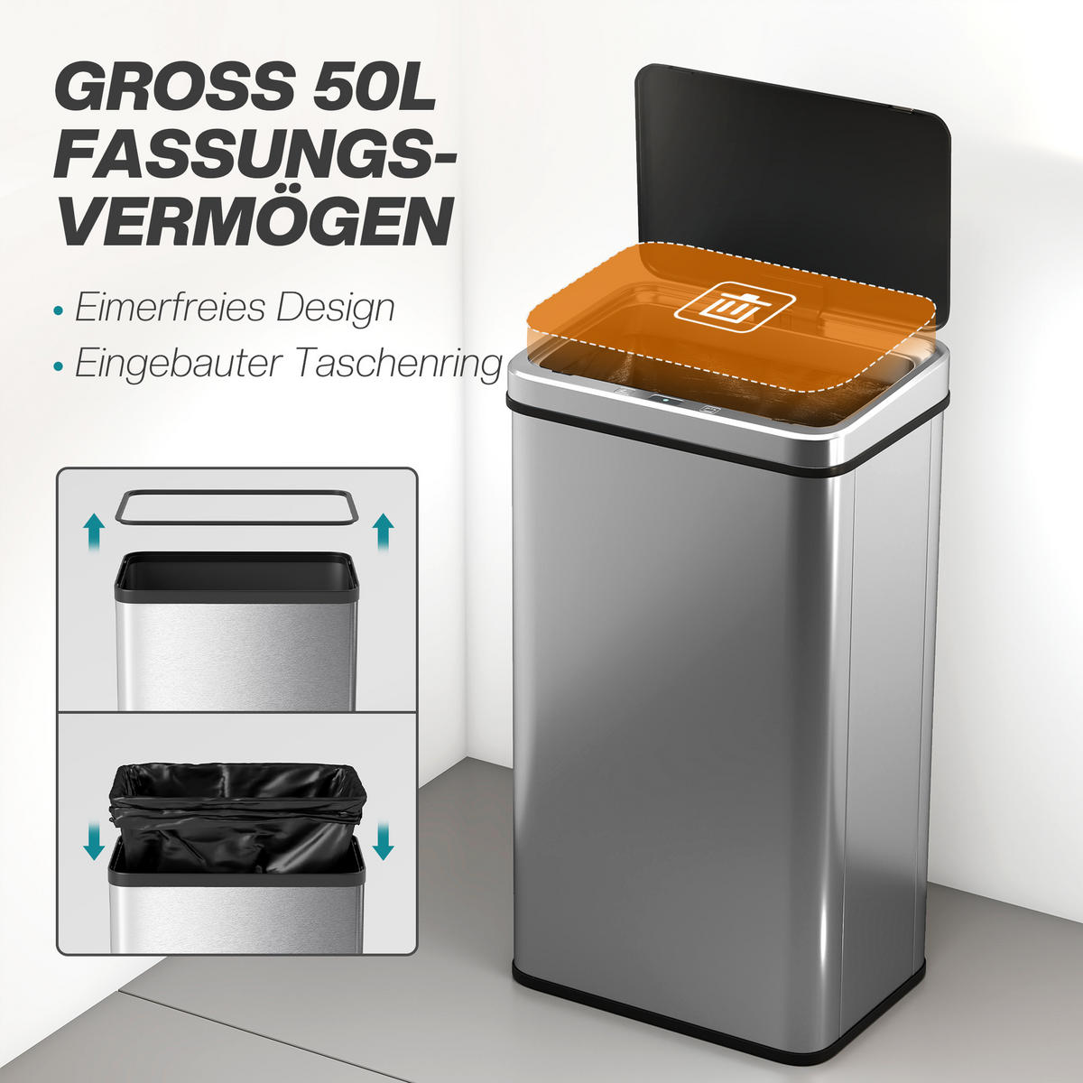 MÜLLEIMER DE-08940 50 L mit Bewegungssensor & Soft-Close Silber - Silberfarben, Kunststoff (26/67/35.5cm) - ComfortXL