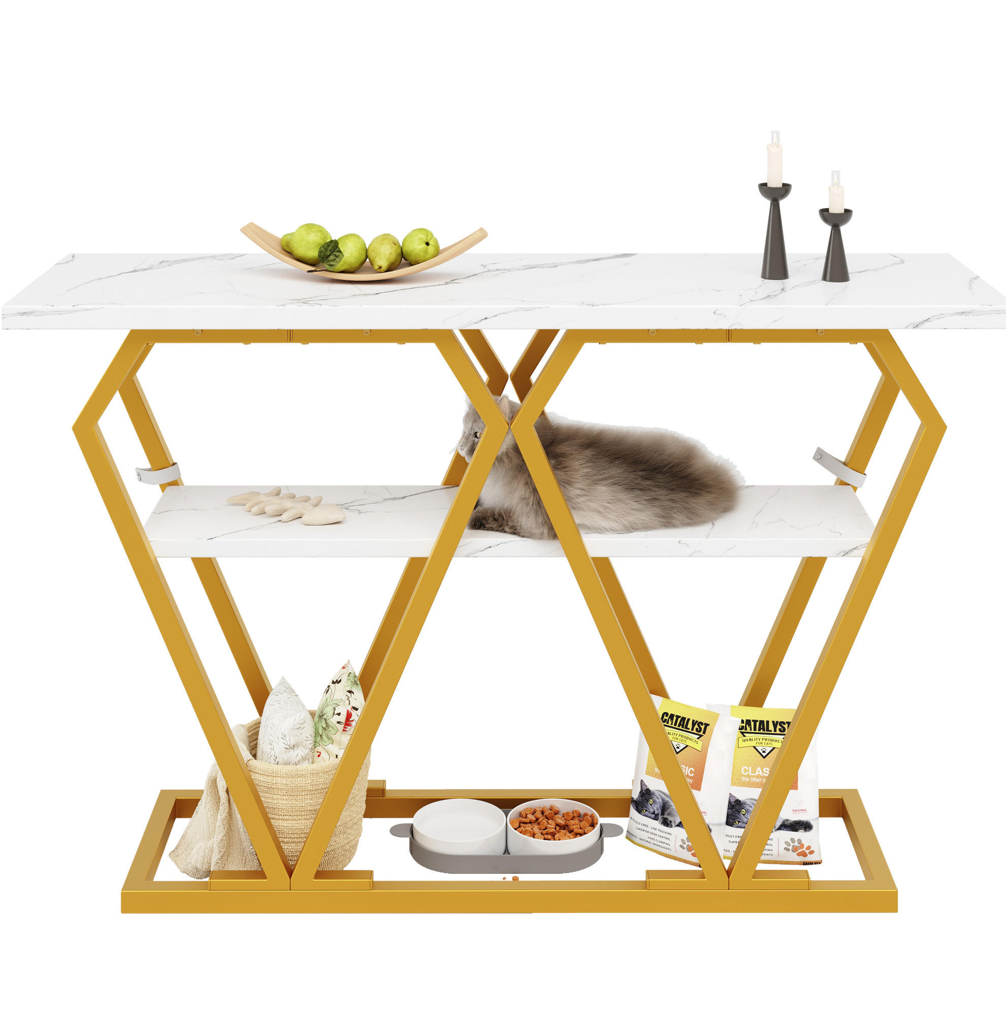 BEISTELLTISCH aus MDF und Metall 120x29,5x80 cm Weiß/Gold mit Ablage in Marmoroptik - Weiß, Holzwerkstoff (120/29.5/80cm) - Modfu
